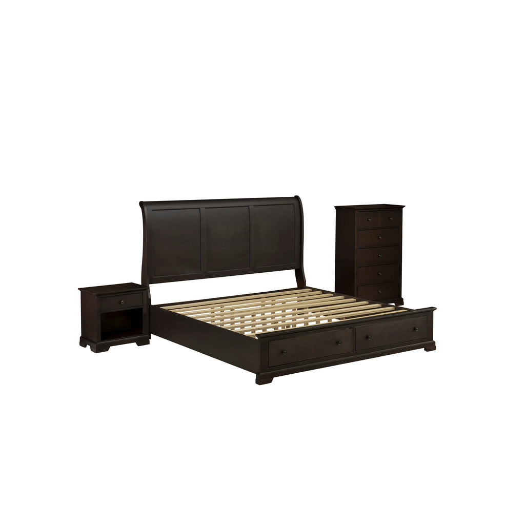East West Furniture CO21-K1N00C 3 Pc King Size Bedroom Set with Luxurious Style Headboard King Bed, Wood Chest and 1 Walnut Nightstand - Wire Brushed Walnut Finish