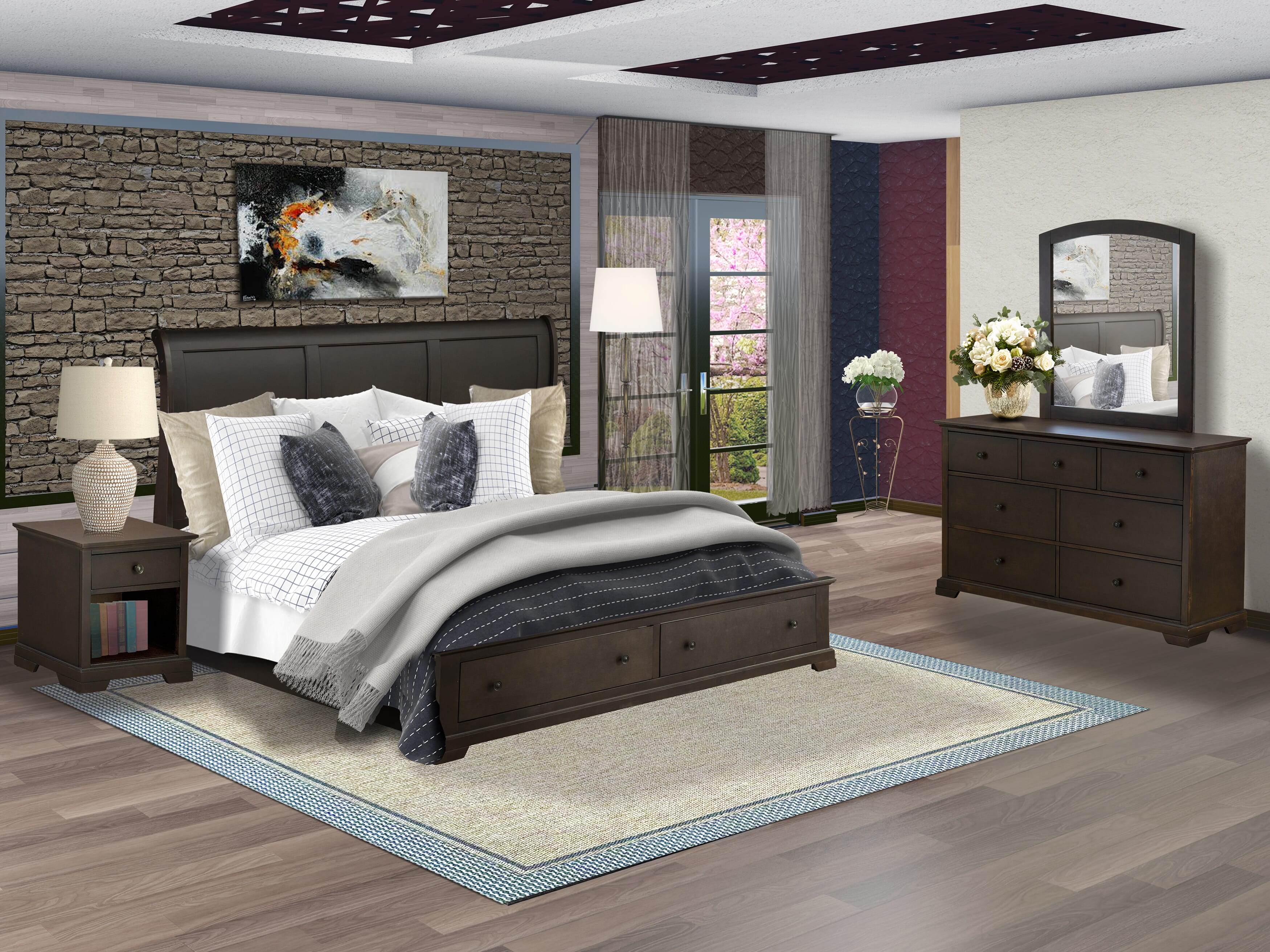 EAST WEST FURNITURE - CO21-K1NDM0 - 4 Piece Bed Room Set with Modern Bed Frame, Wooden Dressers for Bedroom, Bathroom Wall Mirror, and 1 Mid Century Nightstand - Wire Brushed Walnut Finish