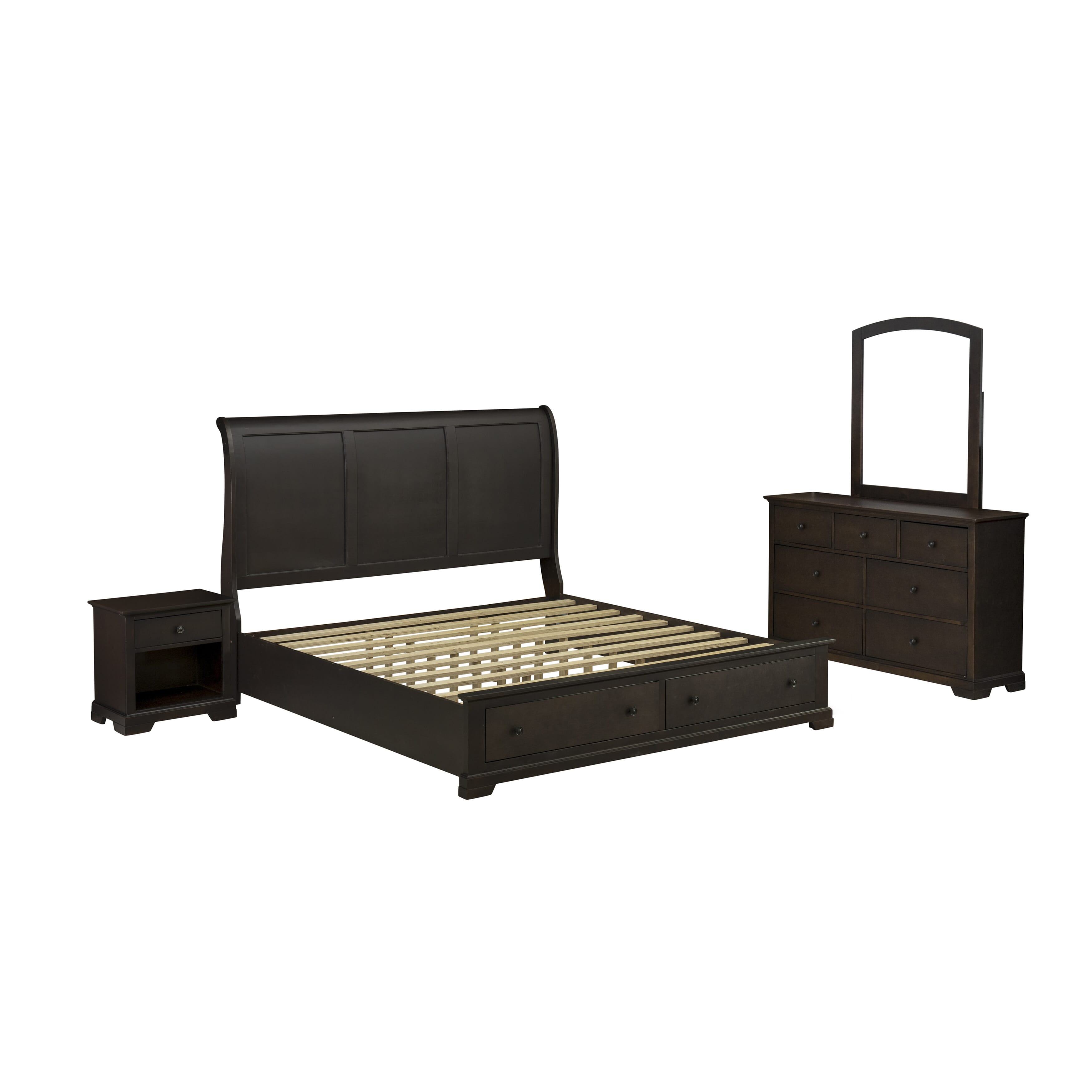 EAST WEST FURNITURE - CO21-K1NDM0 - 4 Piece Bed Room Set with Modern Bed Frame, Wooden Dressers for Bedroom, Bathroom Wall Mirror, and 1 Mid Century Nightstand - Wire Brushed Walnut Finish