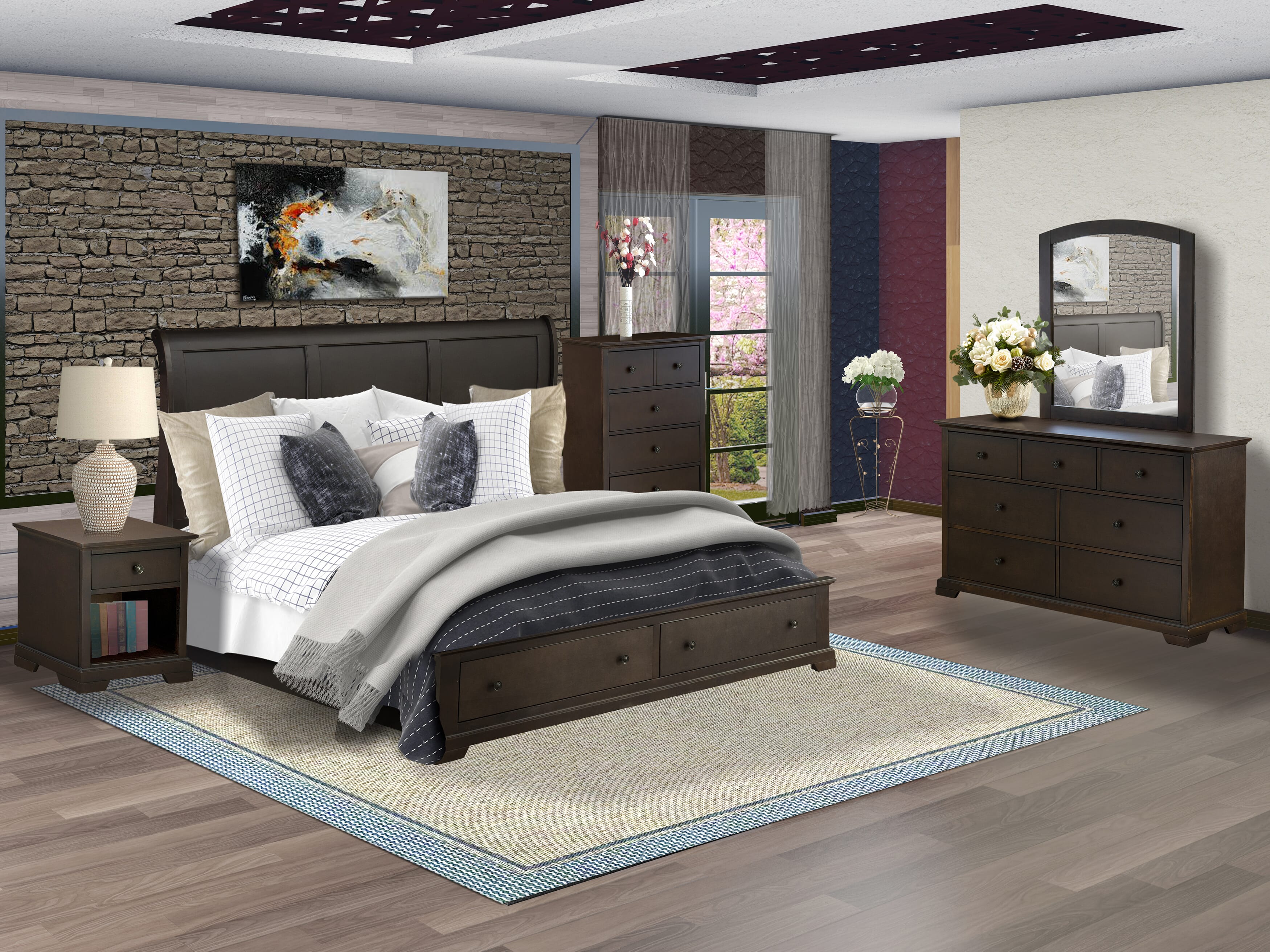 Juego de cama East West Furniture CO21-K1NDMC de 5 piezas con cabecero moderno, plataforma tamaño king