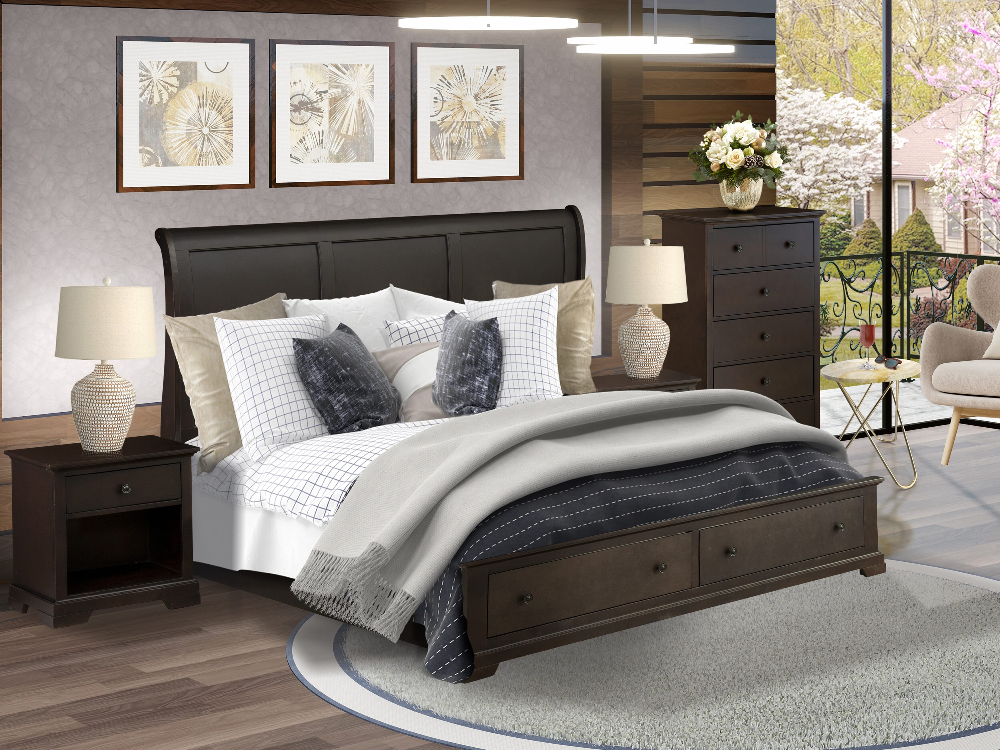 EAST WEST FURNITURE - CO21-K2N00C - 4 Pc King Size Bed Set with Luxurious Style Headboard King Bed Frame, Drawer Chest and 2 Bed Side Tables - Wire Brushed Walnut Finish