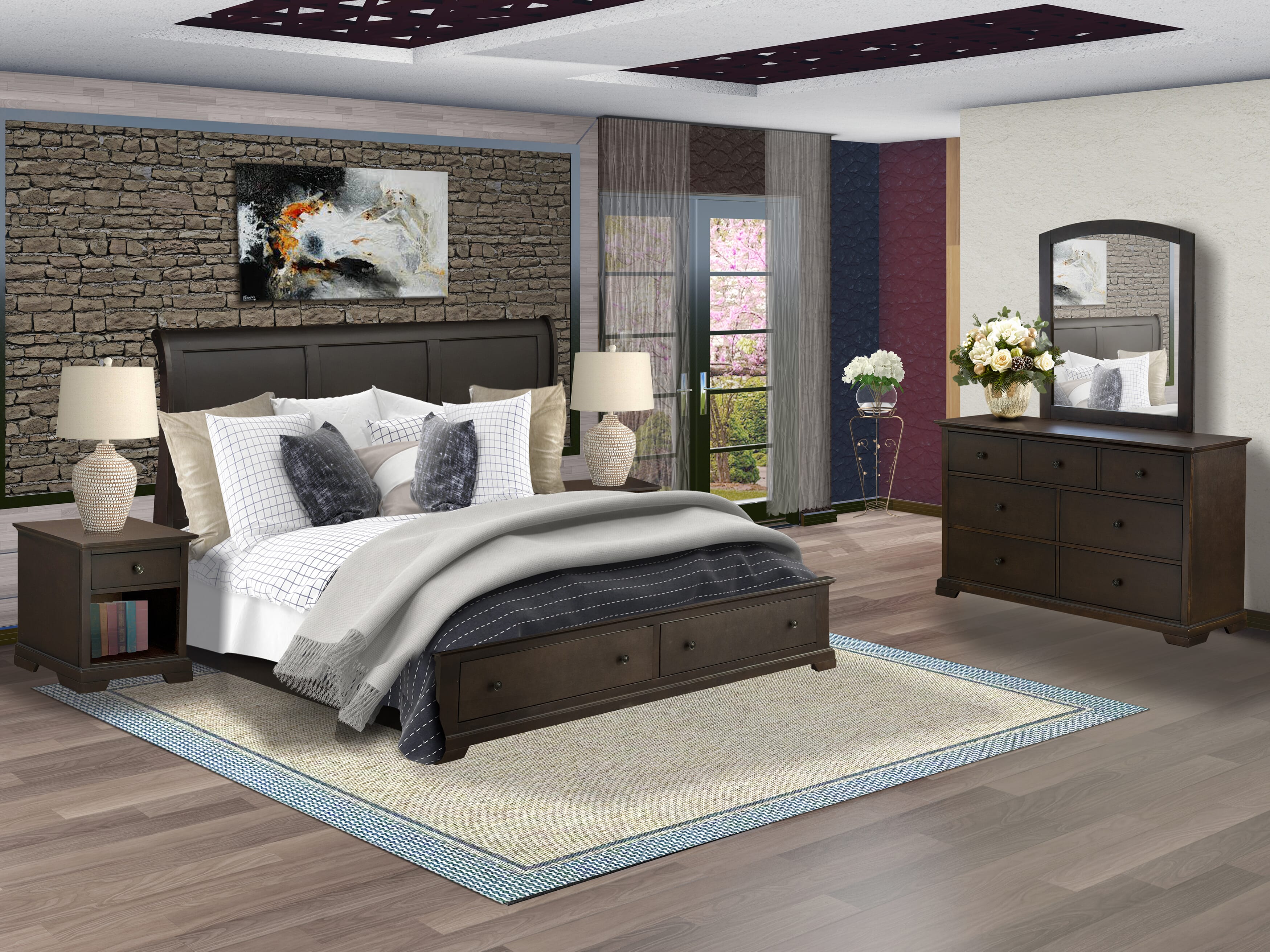 EAST WEST FURNITURE - CO21-K2NDM0 - 5 Piece Bedroom Furniture Set with Modern Style Headboard Wood Bed Frame, Small Dresser, Makeup Mirror, and 2 Side Tables with Storage - Wire Brushed Walnut Finish