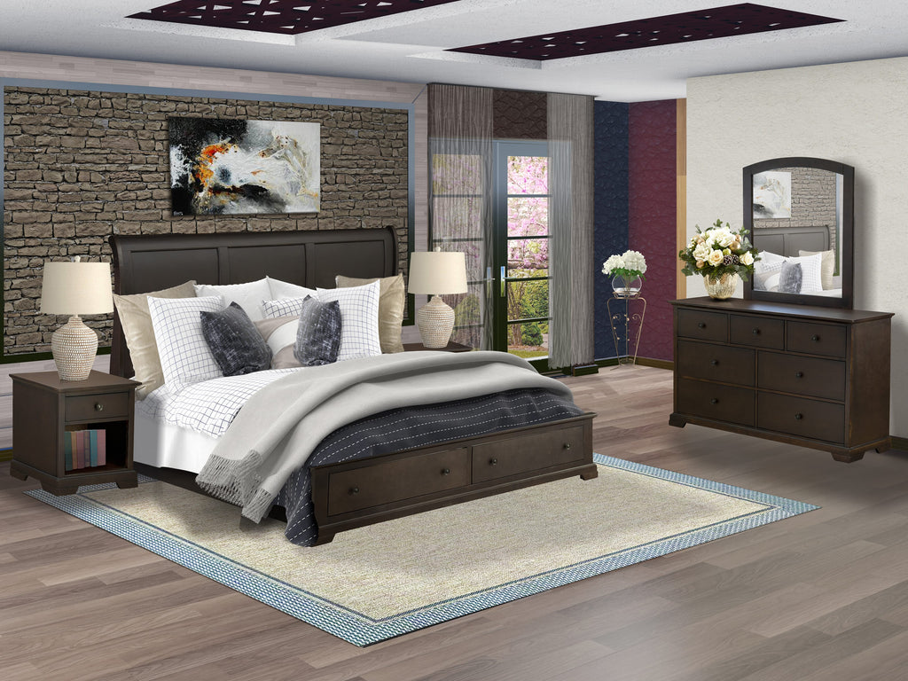 East West Furniture CO21-K2NDM0 5 Piece Bedroom Furniture Set with Modern Style Headboard Wood Bed Frame, Small Dresser, Makeup Mirror, and 2 Side Tables with Storage - Wire Brushed Walnut Finish