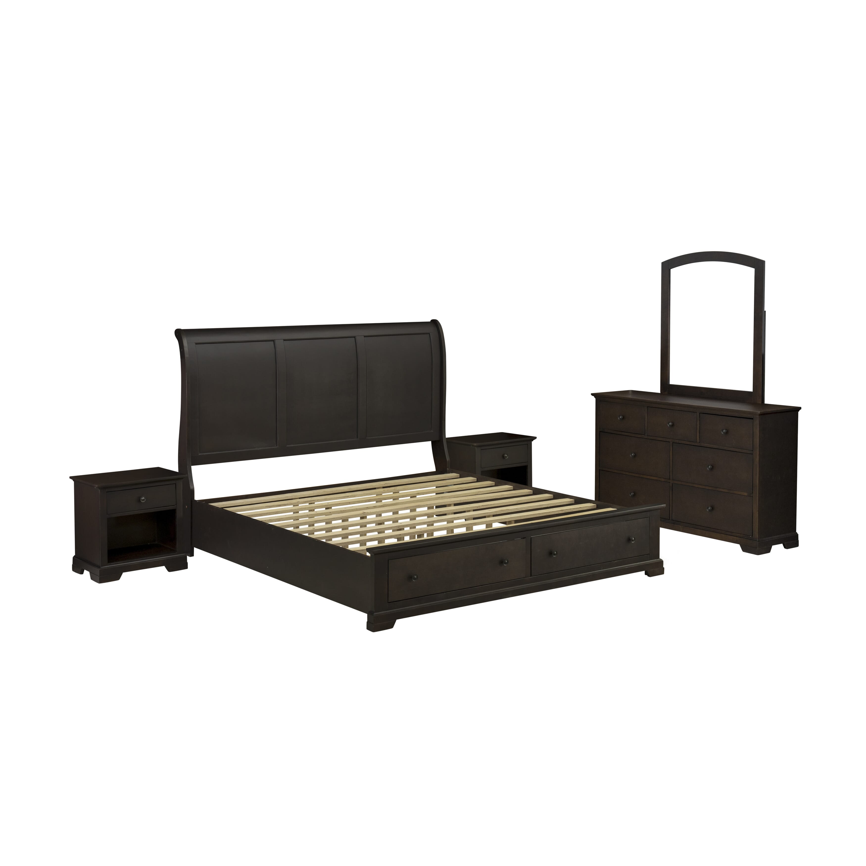 EAST WEST FURNITURE - CO21-K2NDM0 - 5 Piece Bedroom Furniture Set with Modern Style Headboard Wood Bed Frame, Small Dresser, Makeup Mirror, and 2 Side Tables with Storage - Wire Brushed Walnut Finish