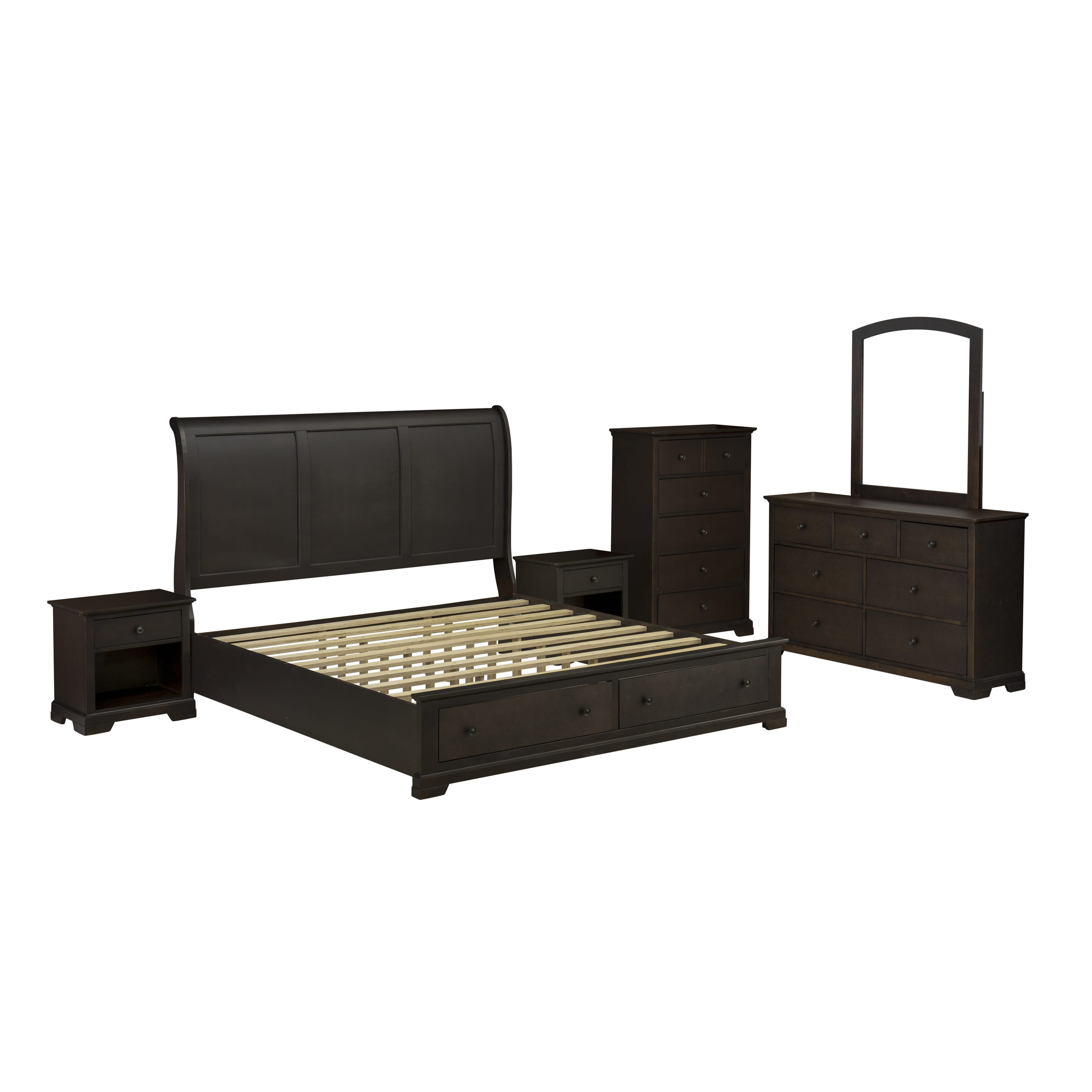 EAST WEST FURNITURE - CO21-K2NDMC - 6 Pc Bed Set with Modern Style Headboard King Platform Bed, Wooden Dresser, Mirror for Bedroom Wall, Chest of Drawer and 2 End Tables - Wire Brushed Walnut Finish