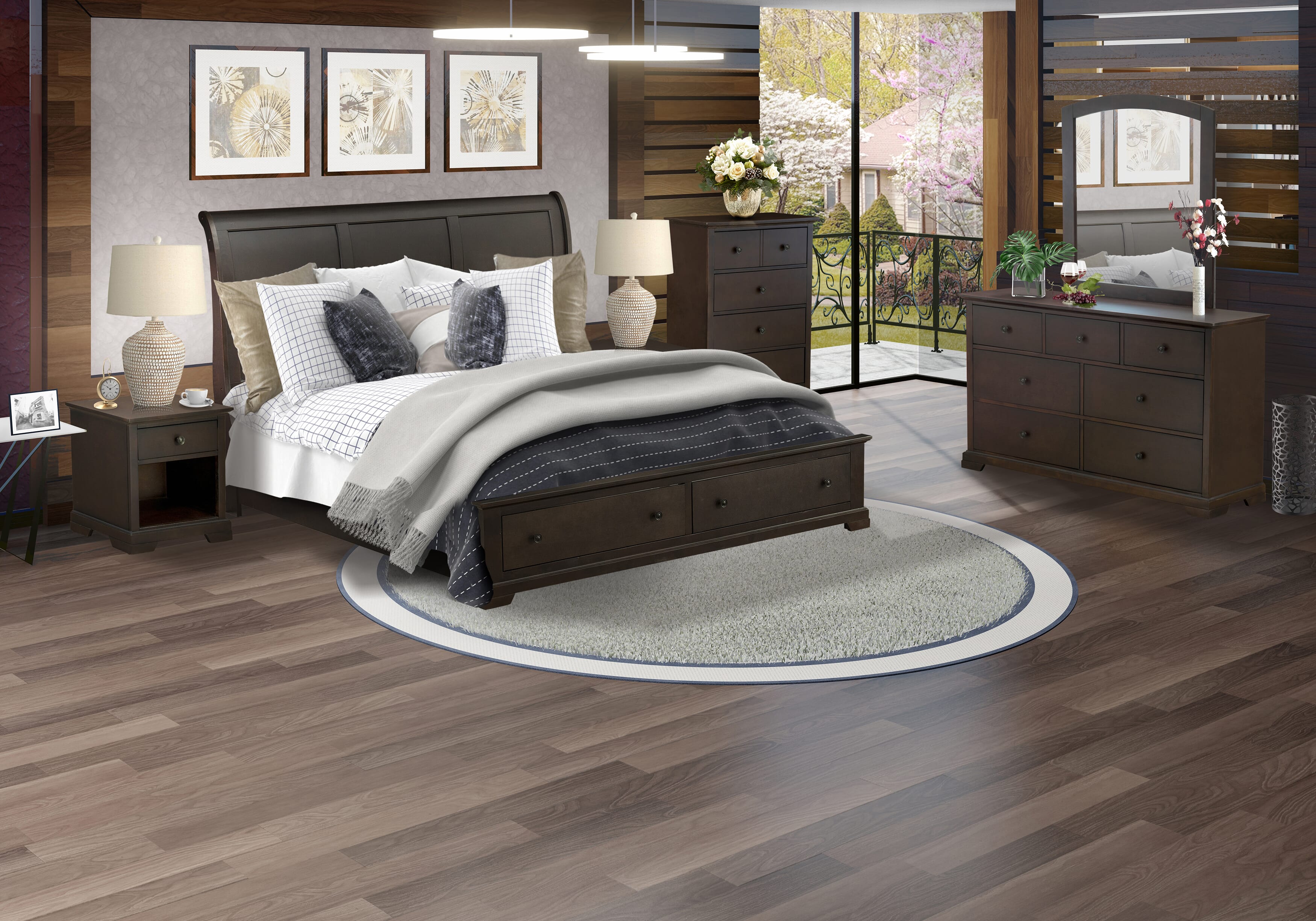 EAST WEST FURNITURE - CO21-K2NDMC - 6 Pc Bed Set with Modern Style Headboard King Platform Bed, Wooden Dresser, Mirror for Bedroom Wall, Chest of Drawer and 2 End Tables - Wire Brushed Walnut Finish
