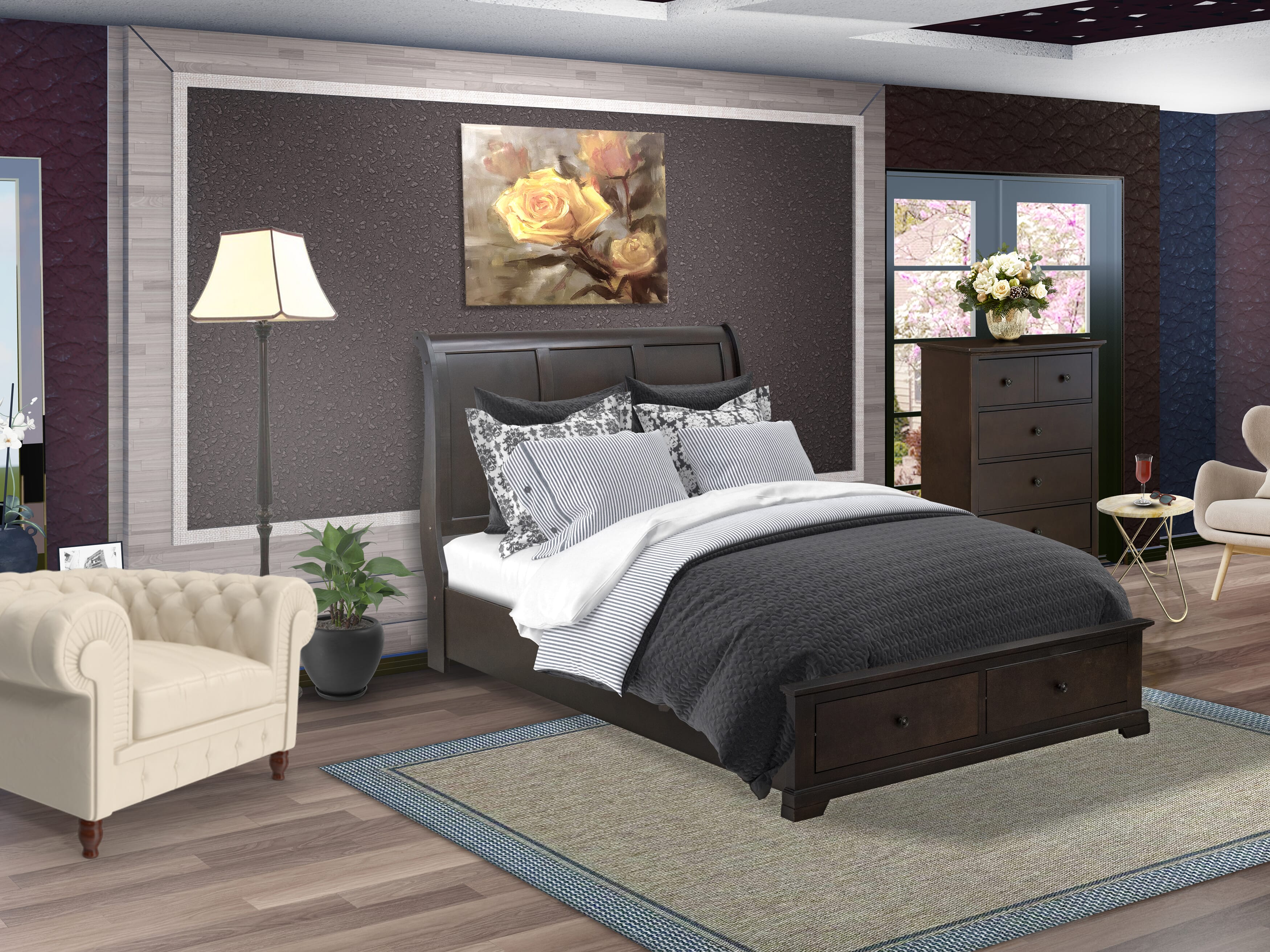 Juego de cama de 2 piezas tamaño queen Cordova CO21-Q0000C de East West Furniture. Incluye una moderna cama Queen y una cómoda de madera con 6 cajones, acabado nogal cepillado.