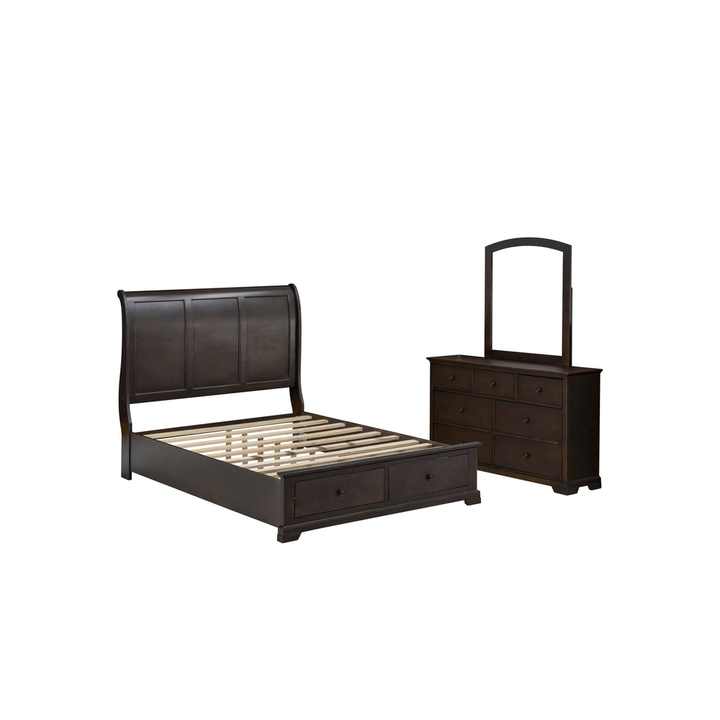 East West Furniture CO21-Q00DM0 Cordova 3-PC Bedroom Set Contains a Platform Bed, Mid Century Modern Mirror and a Bedroom Dresser with 6 Drawers - Wire Brushed Walnut Finish