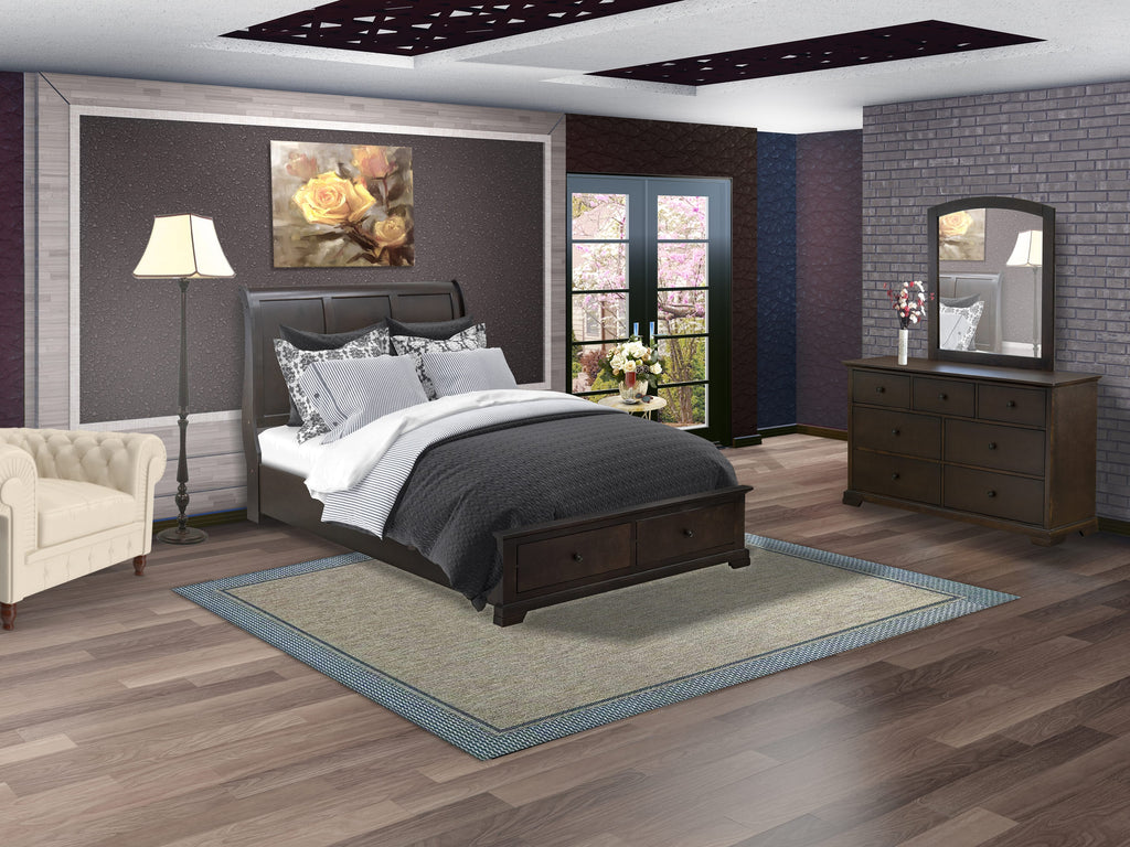 East West Furniture CO21-Q00DM0 Cordova 3-PC Bedroom Set Contains a Platform Bed, Mid Century Modern Mirror and a Bedroom Dresser with 6 Drawers - Wire Brushed Walnut Finish
