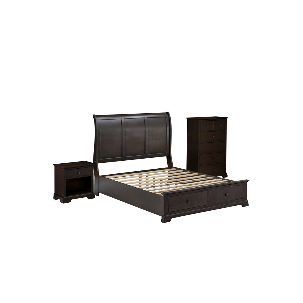 East West Furniture CO21-Q1N00C Cordova 3-Piece Queen Size Bed Set Includes a Wooden Queen Bed, Wooden Bedroom Chester with Drawers and a Modern Nightstand - Wire Brushed Walnut Finish