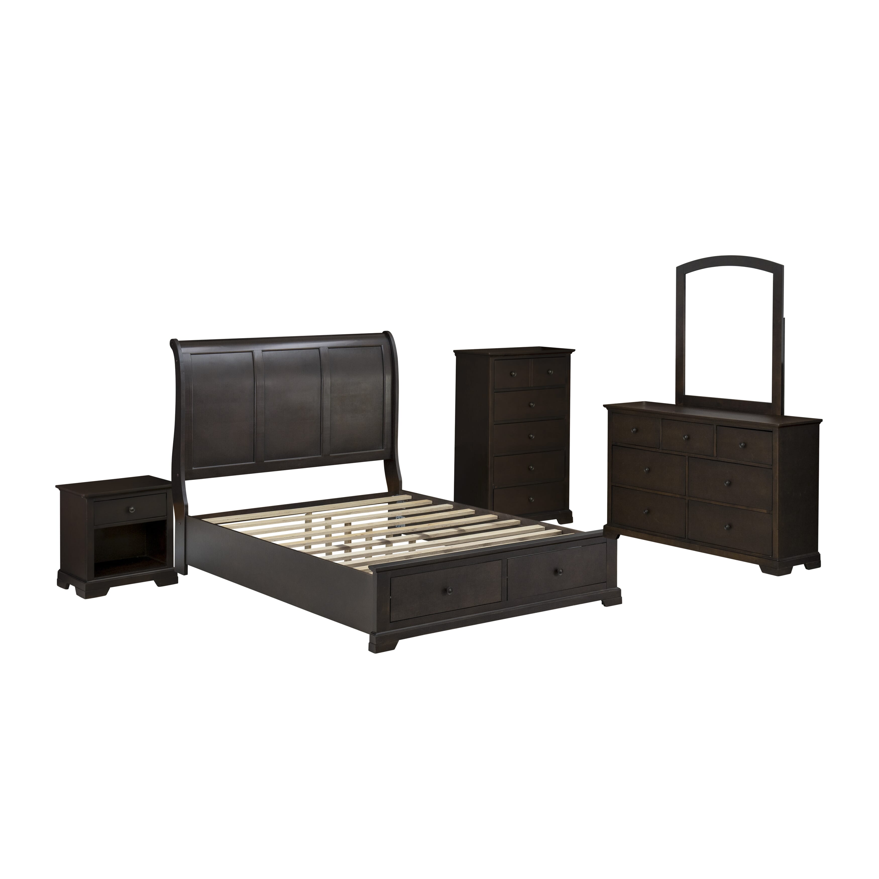 East West Furniture CO21-Q1NDMC Cordova 5-Pc Bedroom Set Consists of a Wooden Queen Bed, Modern Dresser, Bedroom Mirror, Wooden Chest and a Nightstand - Wire Brushed Walnut Finish