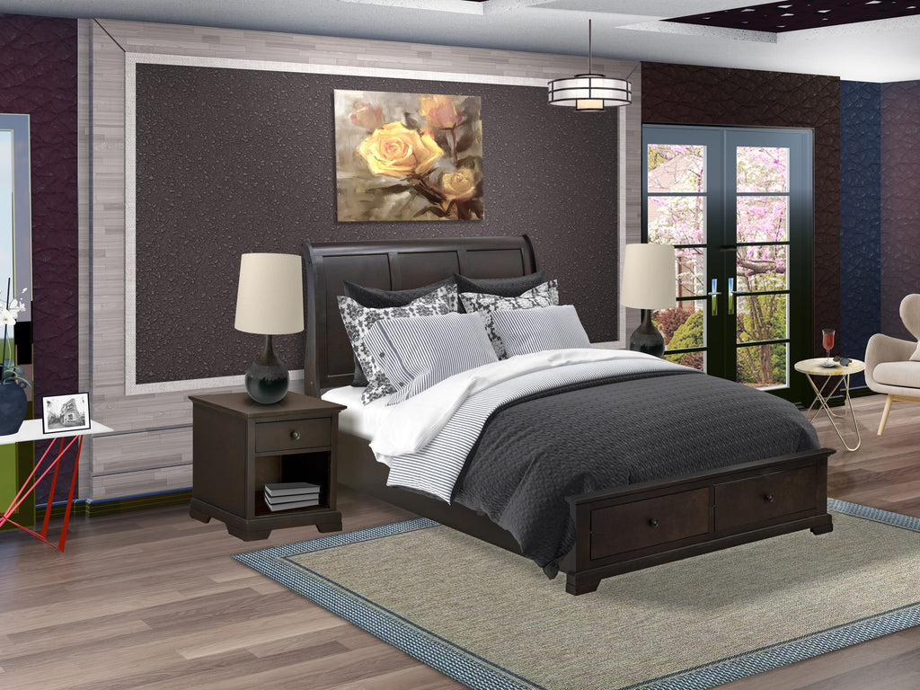 East West Furniture CO21-Q2N000 Cordova 3-Piece Queen Bedroom Set Contains a Wooden Platform Bed and 2 Midcentury Modern Nightstand with a Drawer - Wire Brushed Walnut Finish