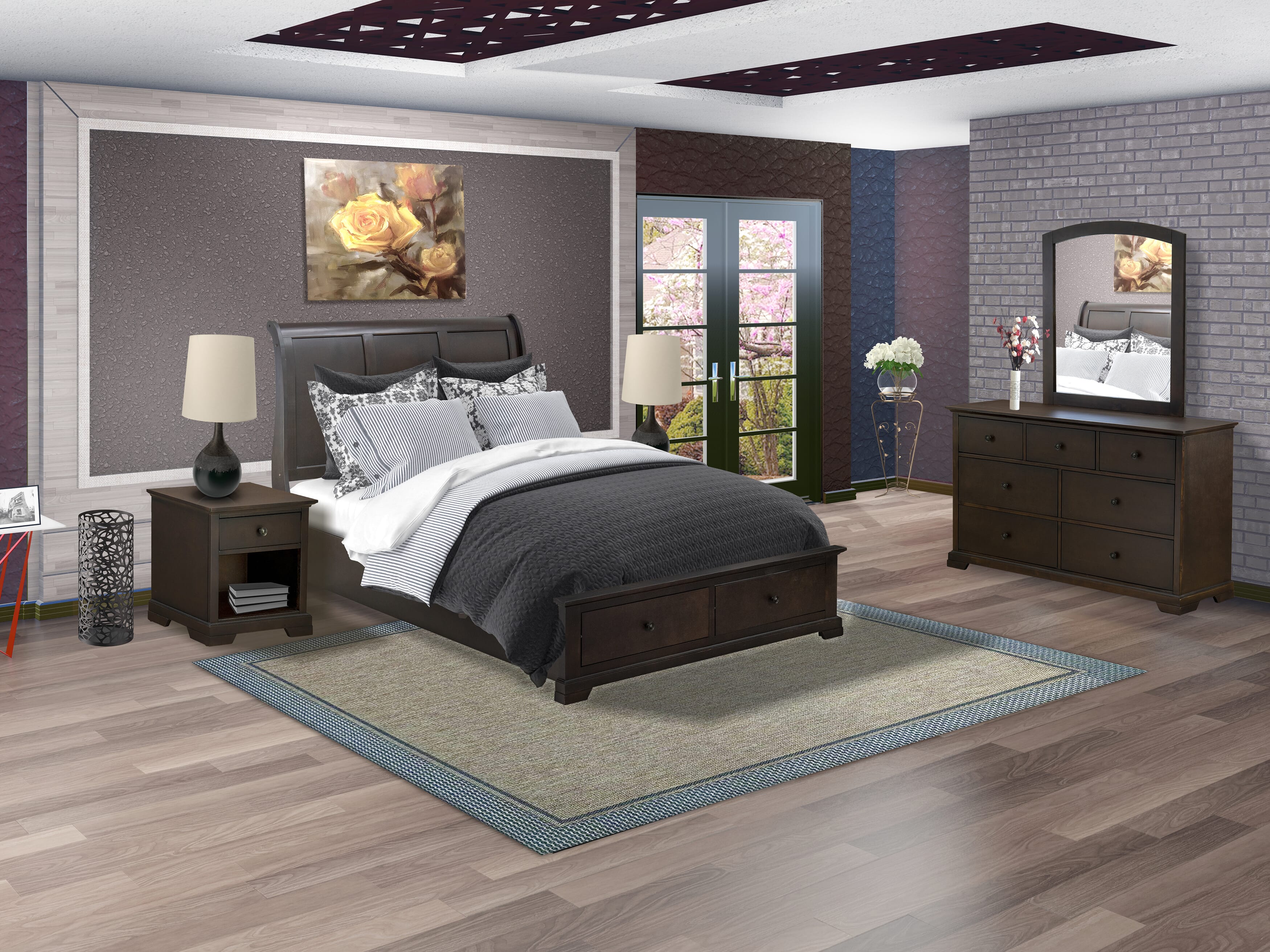 East West Furniture CO21-Q2NDM0 Cordova 5-Pc Queen Bedroom Set Includes a Queen Bed, Solid Wood Dresser, Bedroom Mirror and 2 Modern Bedroom Night Stands - Wire Brushed Walnut Finish