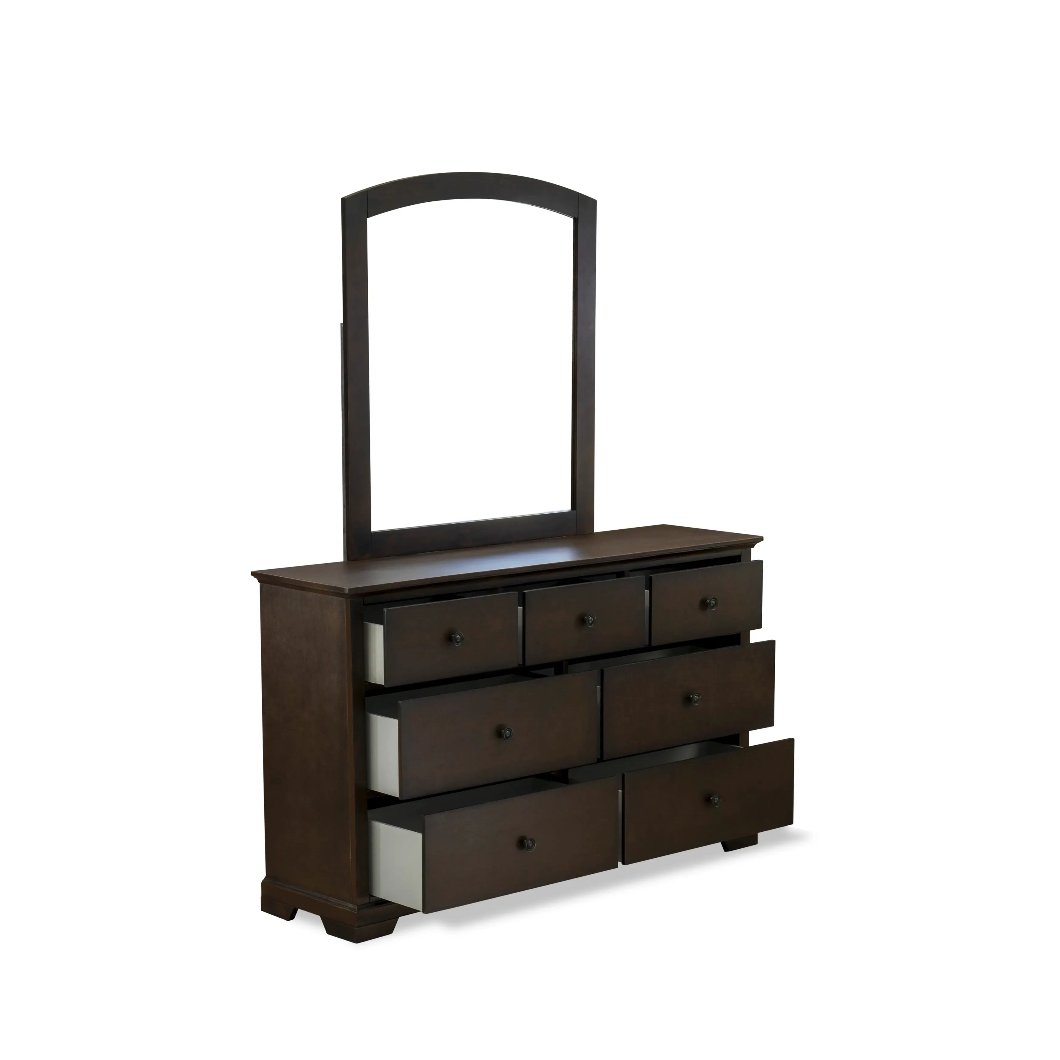East West Furniture CO21-Q00DMC Cordova 4-Pc Queen Size Bedroom Set Contains a Platform Queen Bed, Small Dresser, Mid Century Modern Mirror and a Bedroom Chester - Wire Brushed Walnut Finish