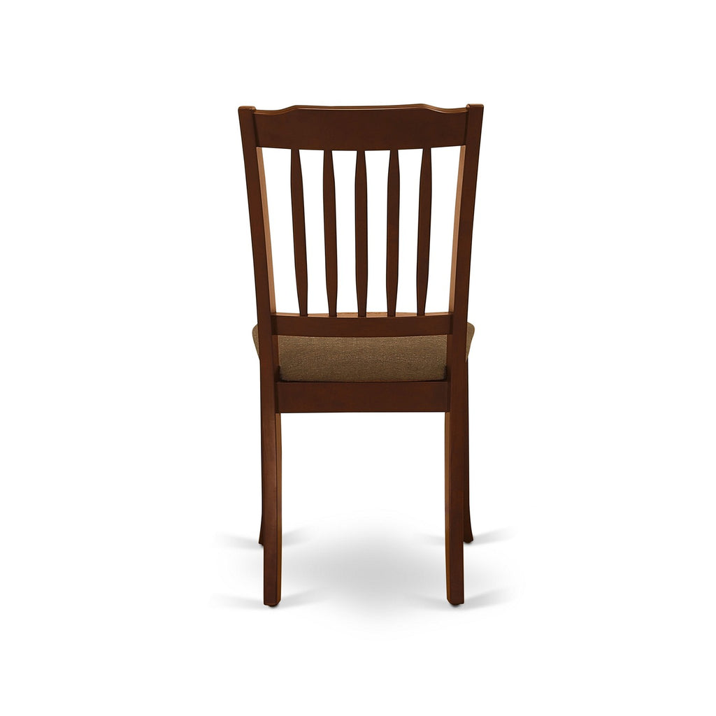 Juego de mesa y sillas de cocina de 3 piezas AMDA3-MAH-C de East West Furniture. Incluye una mesa de comedor redonda con pedestal y 2 sillas tapizadas en tela de lino.