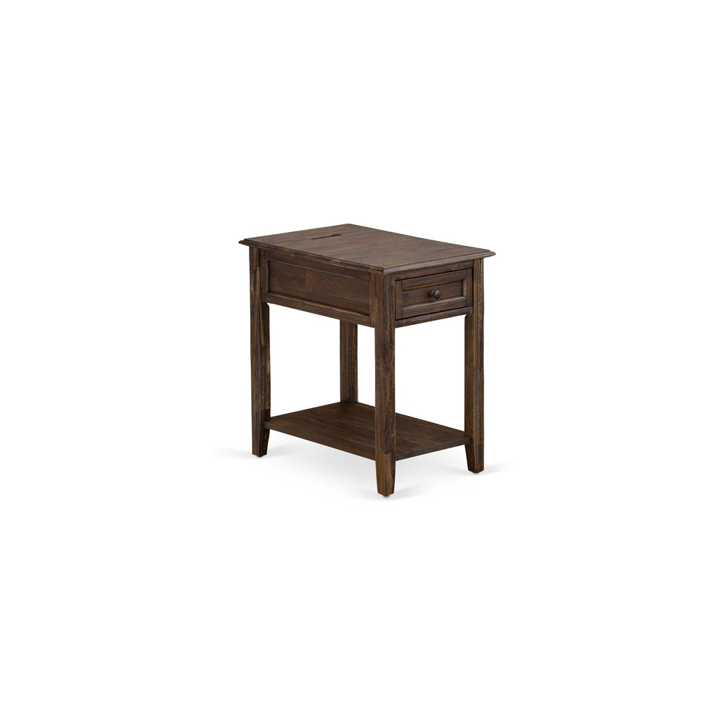 Juego de dormitorio East West Furniture GB25K-1DE07 de 2 piezas Granbury tamaño king con estructura capitoné y una mesa auxiliar pequeña con diseño jacobino envejecido. Cuero sintético marrón oscuro con textura negra y patas negras.
