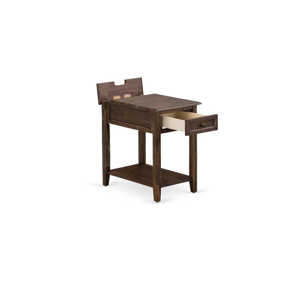 Juego de dormitorio East West Furniture GB25K-1DE07 de 2 piezas Granbury tamaño king con estructura capitoné y una mesa auxiliar pequeña con diseño jacobino envejecido. Cuero sintético marrón oscuro con textura negra y patas negras.