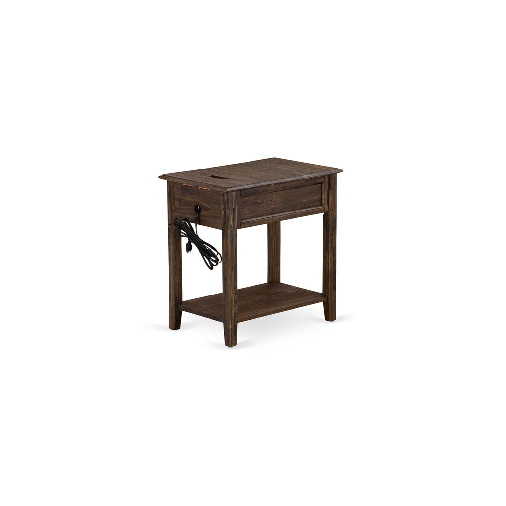 Juego de dormitorio East West Furniture GB25K-1DE07 de 2 piezas Granbury tamaño king con estructura capitoné y una mesa auxiliar pequeña con diseño jacobino envejecido. Cuero sintético marrón oscuro con textura negra y patas negras.