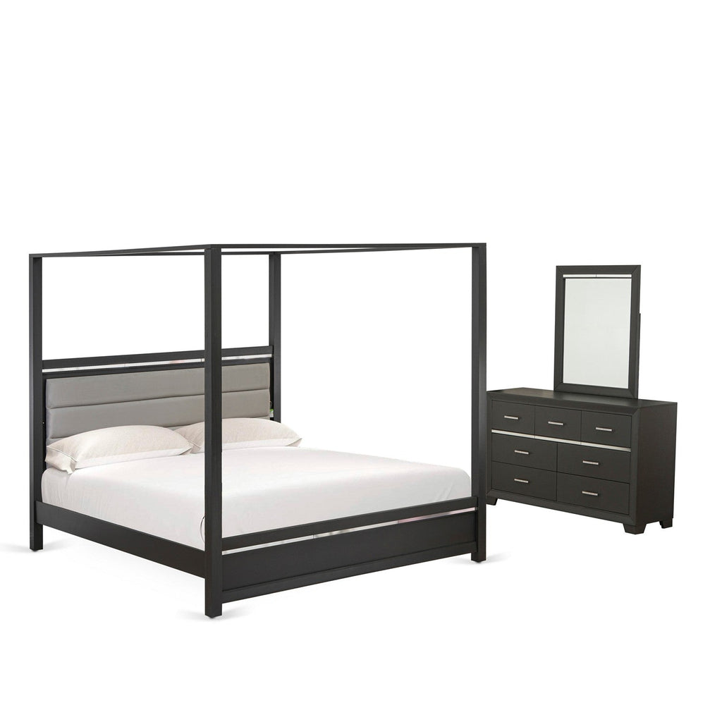 East West Furniture DE20-K00DM0 3 Piece King Size Bed Set with 1 Bed Frame, 1 Wood Dresser and a Bedroom Mirror - Brushed Gray Finish