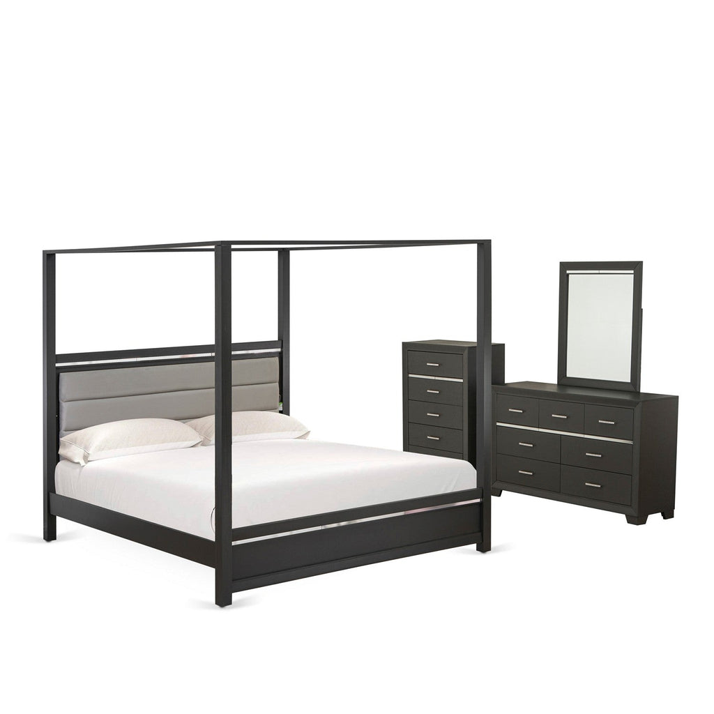 East West Furniture DE20-K00DMC 4 Piece King Size Bed Set with 1 Bed Frame, 1 Bedroom Dresser, 1 Room Mirror, and a Mid Century Chest - Brushed Gray Finish