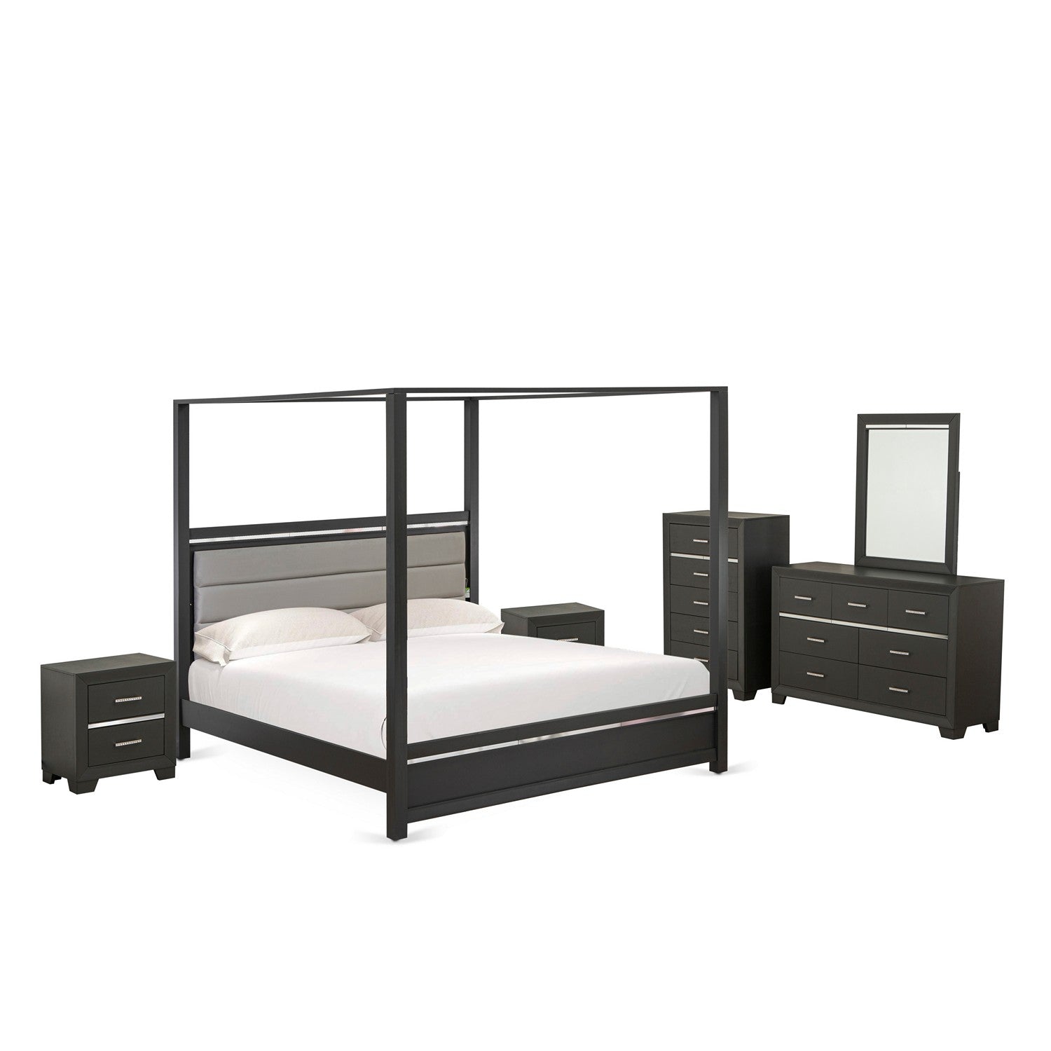 East West Furniture DE20-K2NDMC 6 Piece Bedroom Set Includes 1 King Bed, 2 Bedroom Nightstand, 1 Wood Dresser, 1 Mirror, and a Drawer Chest - Brushed Gray Finish