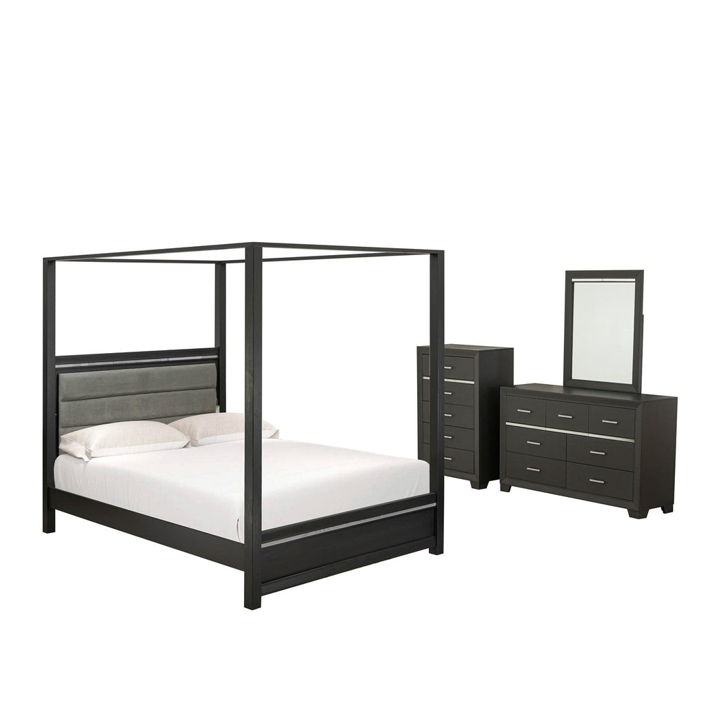 East West Furniture DE20-Q00DMC 4-Piece Denali wooden set for bedroom - A Queen Size Bed, Rectangular Mirror, Drawer chest, and a mid century dresser - brushed gray Finish