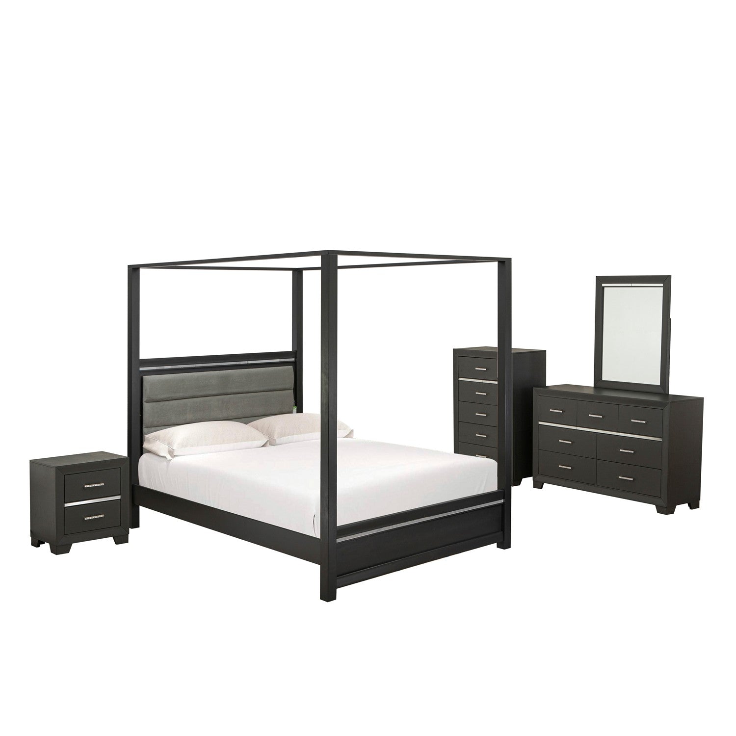 Juego de dormitorio de 5 piezas en madera Denali con cama tamaño queen de East West Furniture DE20-Q1NDMC