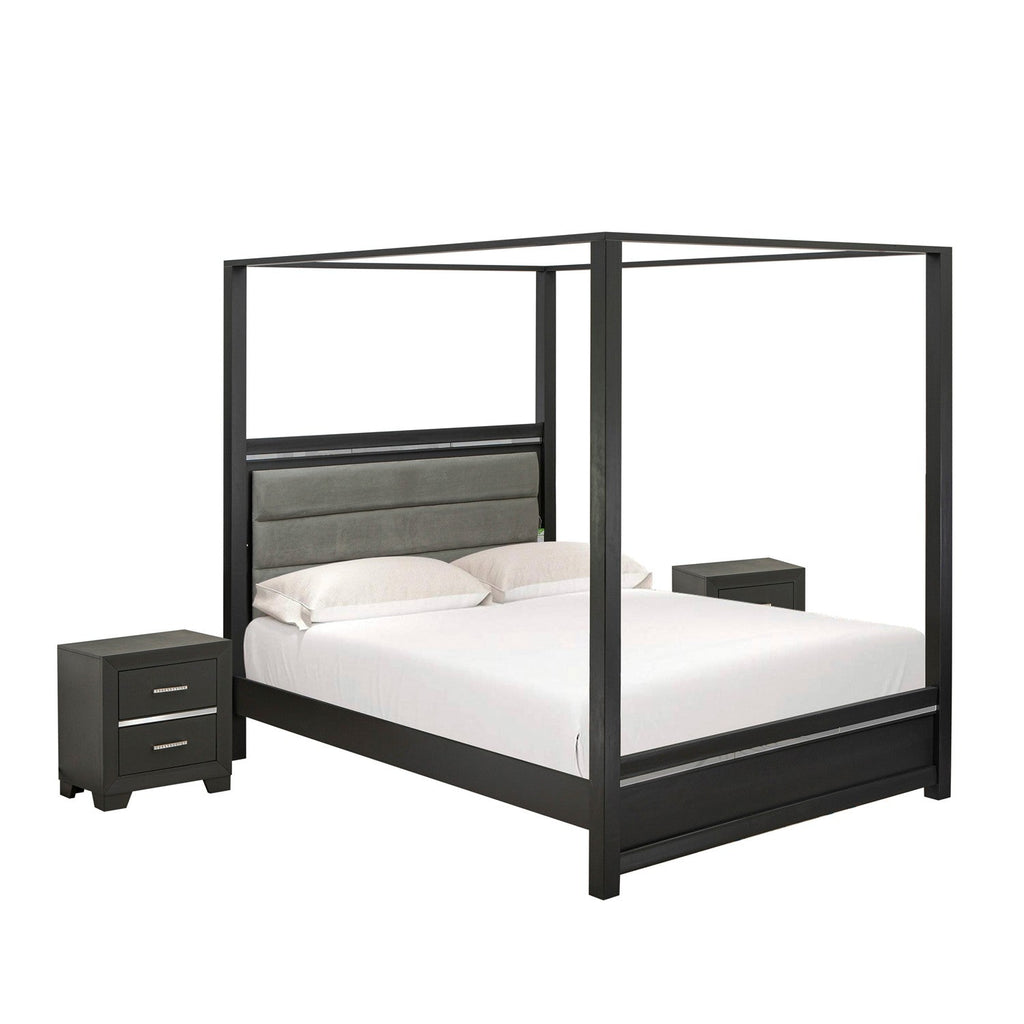 Juego de dormitorio moderno Denali de 3 piezas, modelo DE20-Q2N000 de East West Furniture: una cama y dos mesitas de noche, acabado gris cepillado.