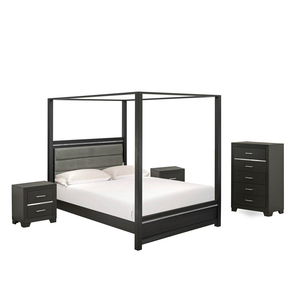 East West Furniture DE20-Q2N00C 4-Piece Denali wooden set for bedroom with a Queen Bed Frame