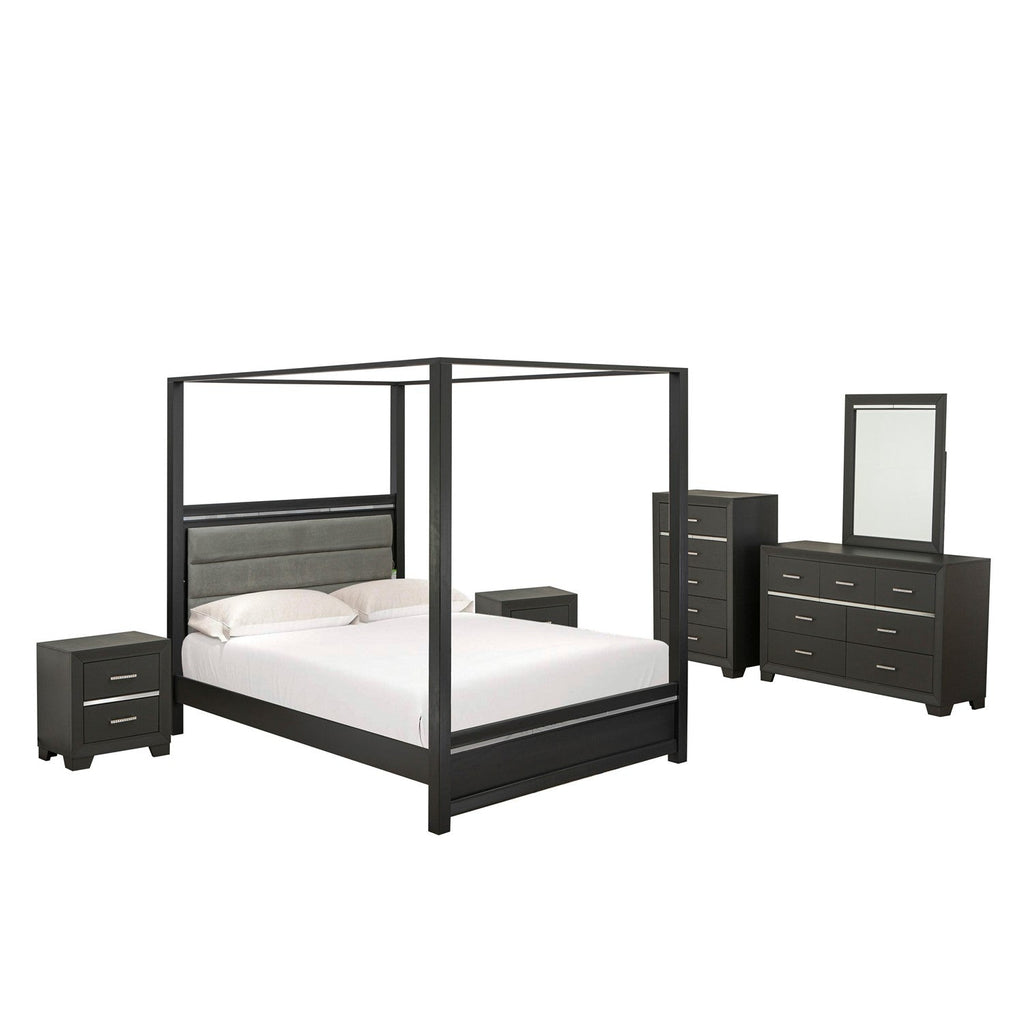 East West Furniture DE20-Q2NDMC 6-Piece Denali Queen Size Bedroom Set with a Queen Bed, 2 Mid Century Nightstands, Rectangular Mirror, Chest Drawer, and a Mid Century Dresser - brushed gray Finish
