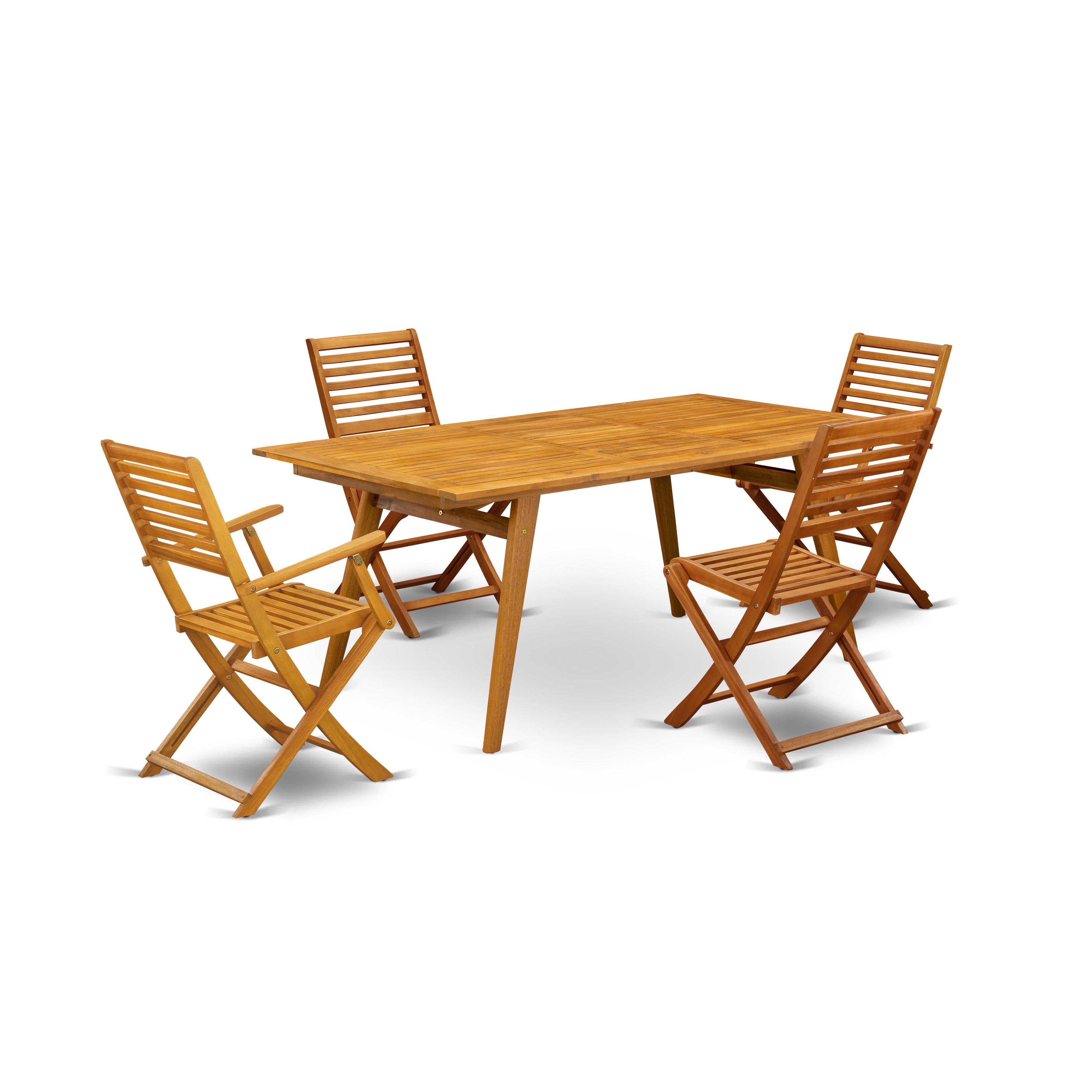 Conjunto de comedor para patio al aire libre de 5 piezas DEBS52CANA de East West Furniture. Incluye una mesa rectangular de madera de acacia y 2 sillas plegables con 2 sillas laterales.