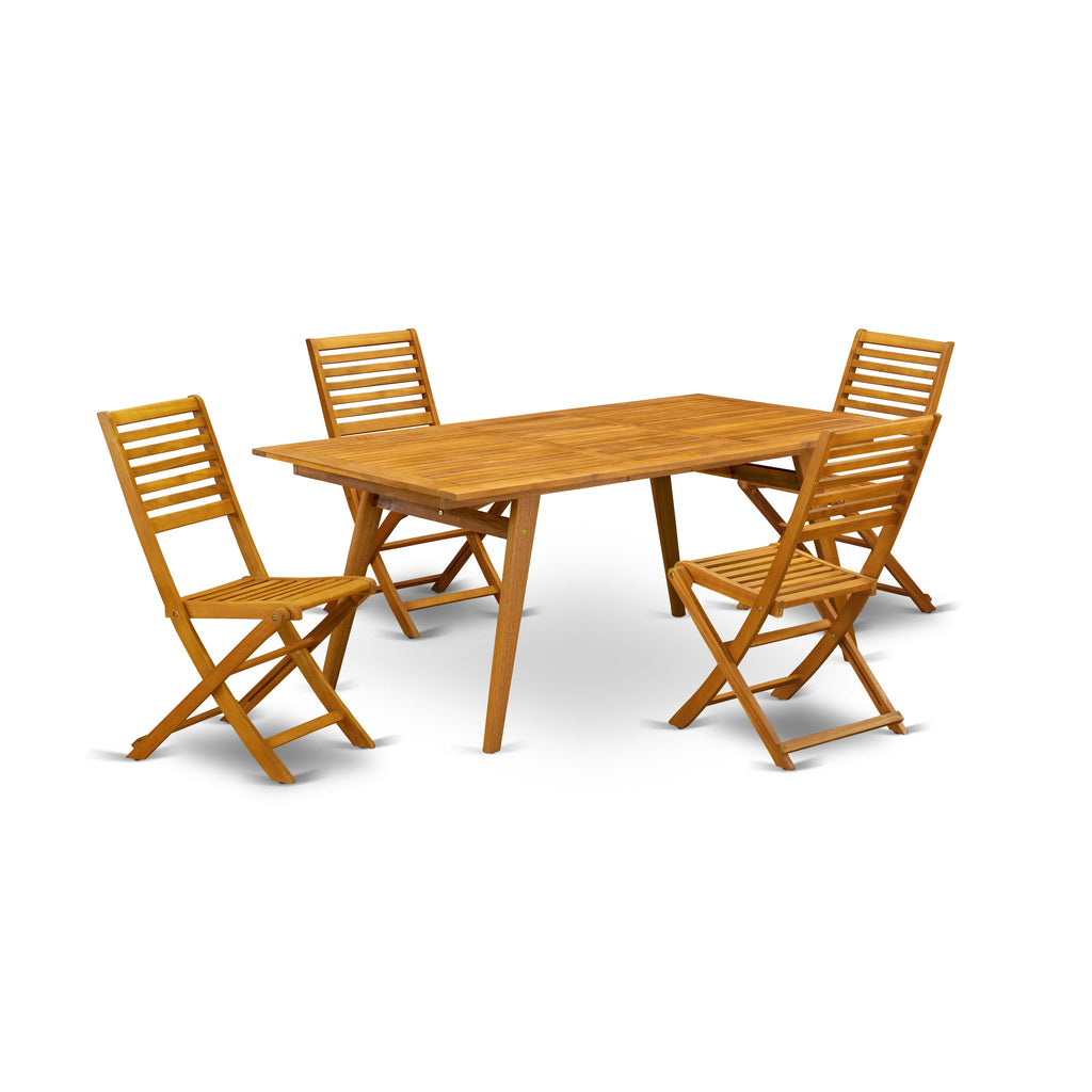 East West Furniture DEBS5CWNA 5 Piece Outdoor Patio Dining Sets Includes a Rectangle Acacia Wood Table and 4 Folding Side Chairs