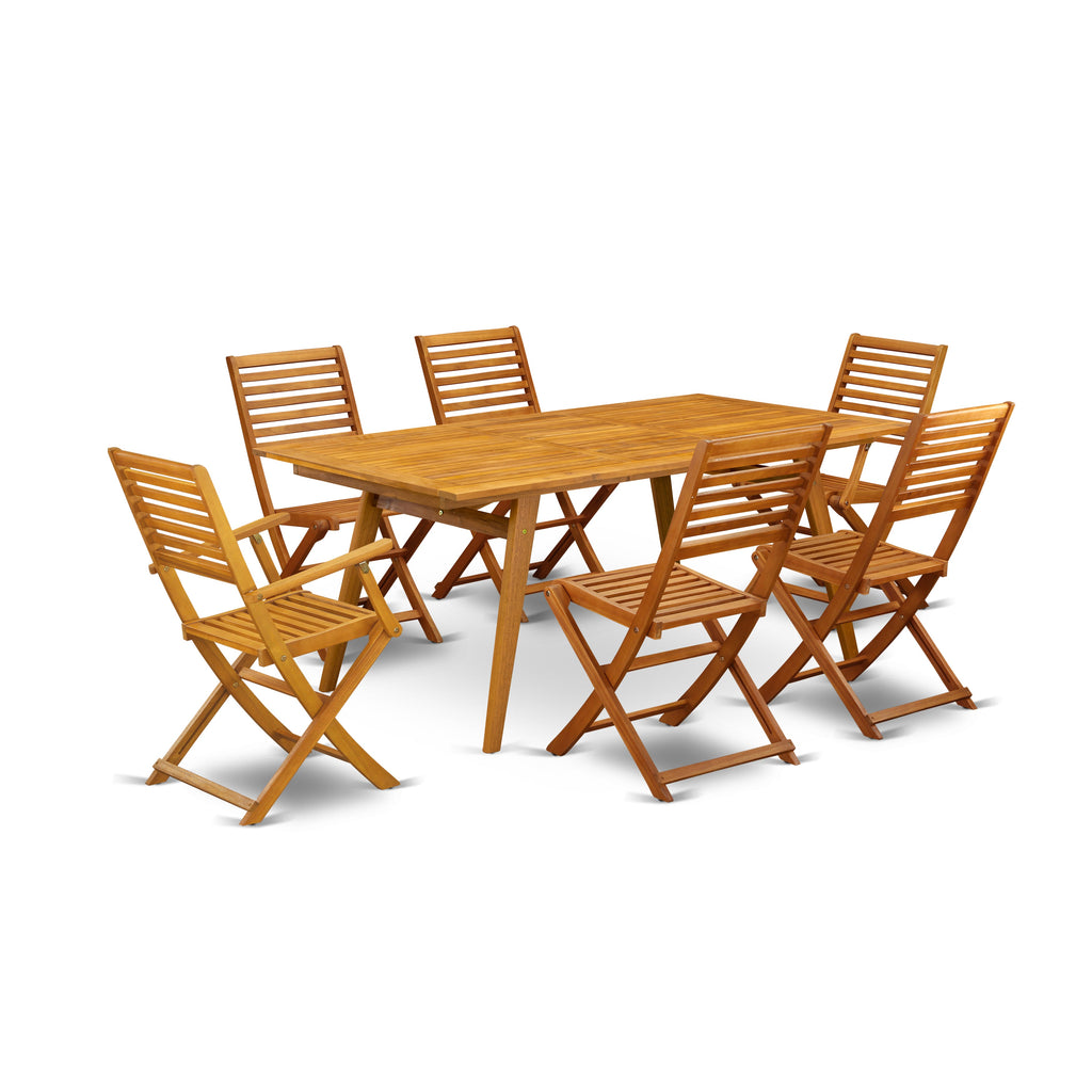 East West Furniture DEBS72CANA 7 Piece Patio Bistro Dining Set Consist of a Rectangle Outdoor Acacia Wood Table and 2 Folding Arm Chairs with 4 Side Chairs