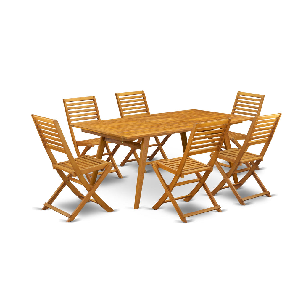 East West Furniture DEBS7CWNA 7 Piece Patio Dining Set Consist of a Rectangle Outdoor Acacia Wood Table and 6 Folding Side Chairs