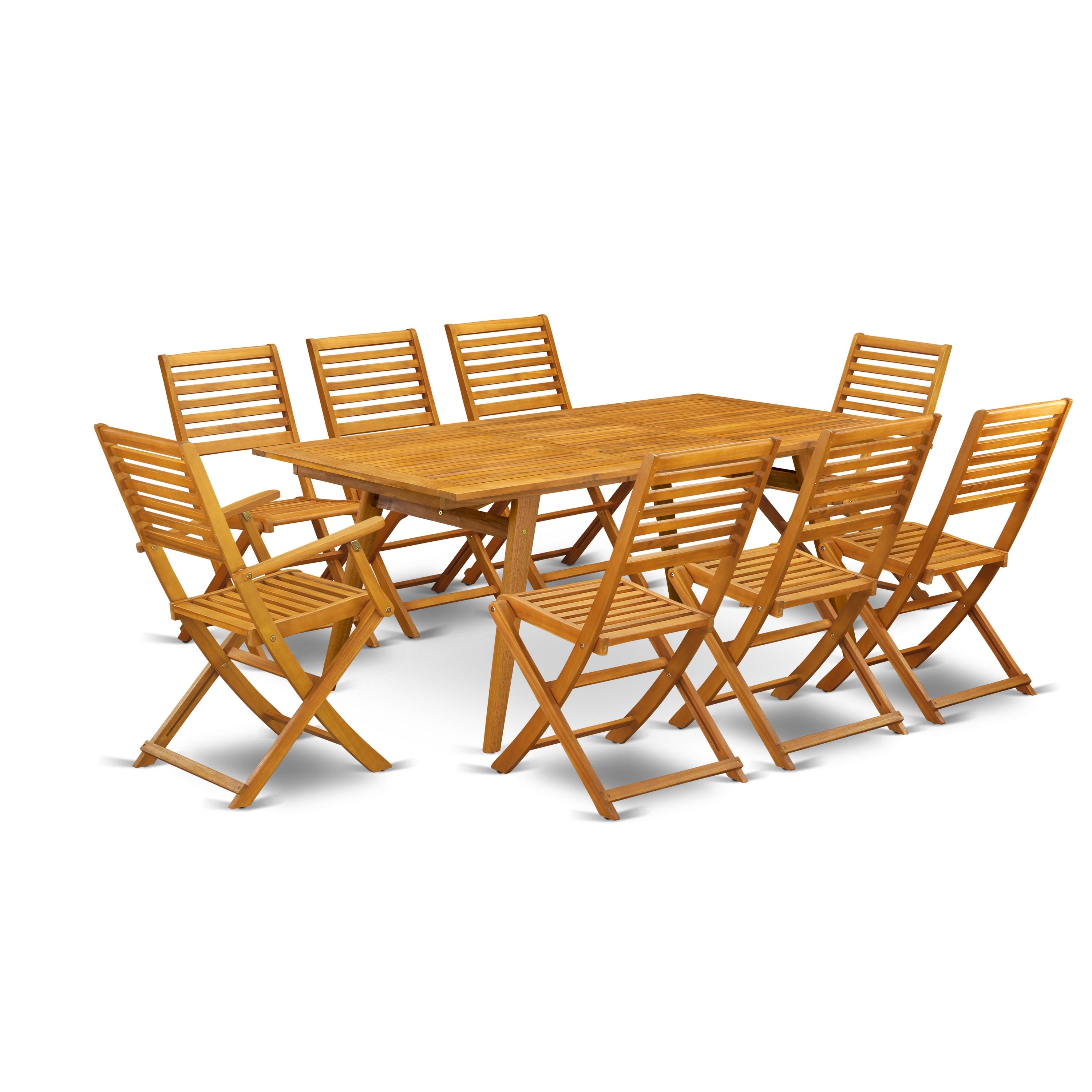 East West Furniture DEBS92CANA Juego de comedor para patio al aire libre de 9 piezas Incluye una mesa rectangular de madera de acacia y 2 sillas plegables con 6 sillas laterales