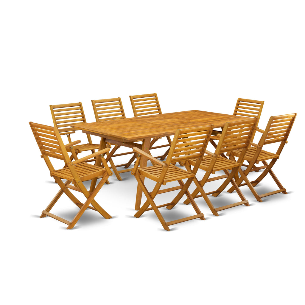 El juego de mesa de jardín para patio DEBS9CANA de 9 piezas de East West Furniture incluye una mesa de comedor rectangular de madera de acacia para exteriores y 8 sillas plegables.