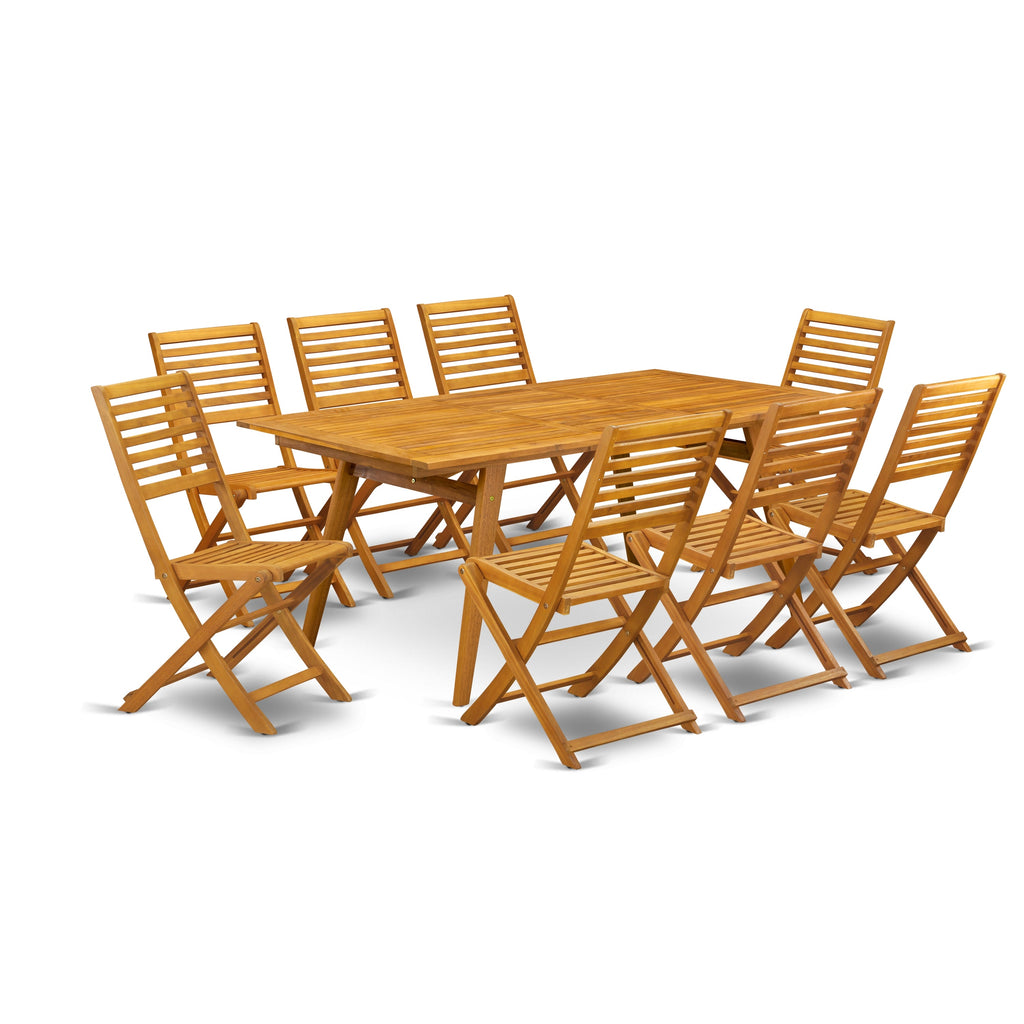 East West Furniture DEBS9CWNA 9 Piece Outdoor Patio Dining Sets Includes a Rectangle Acacia Wood Table and 8 Folding Side Chairs