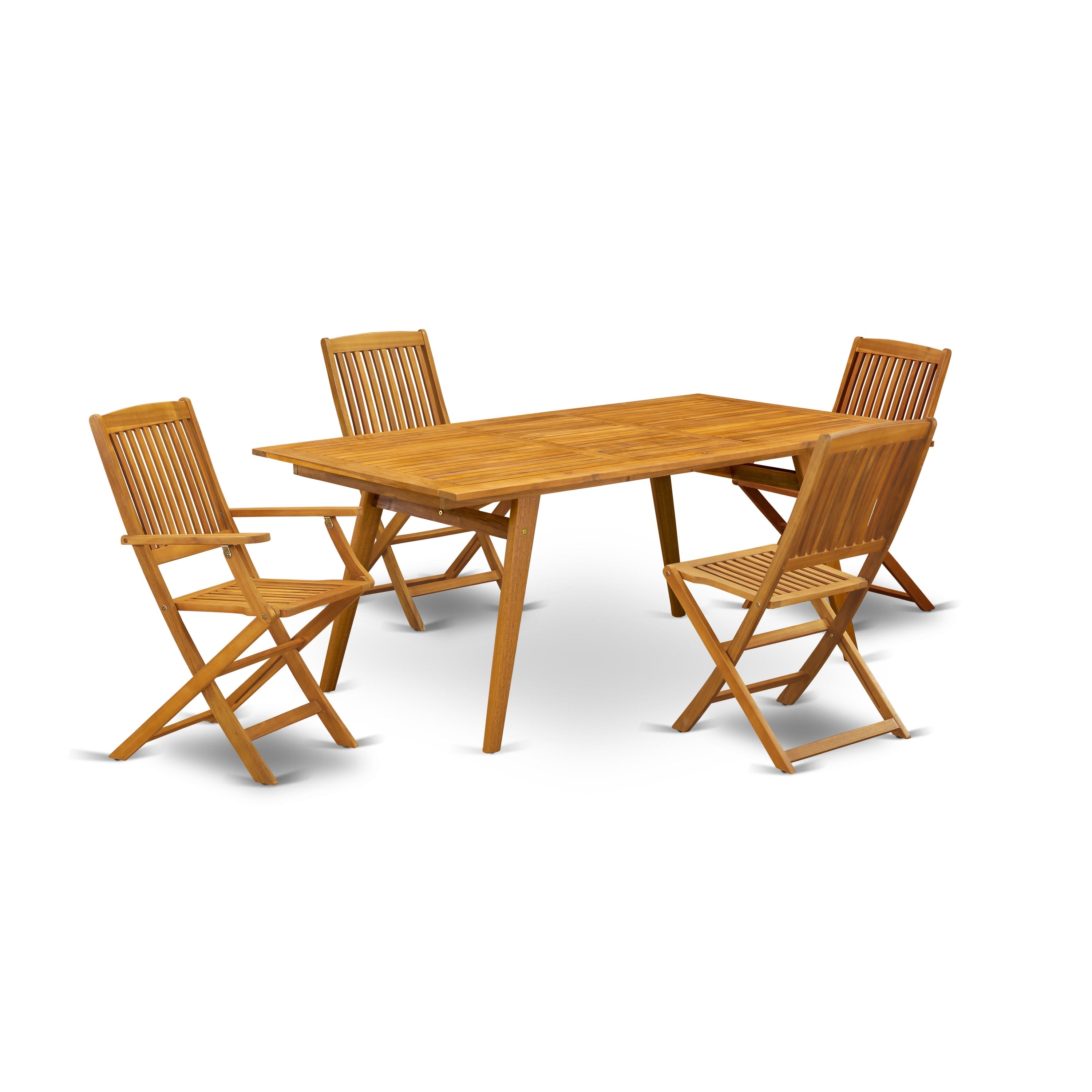 Juego de comedor estilo bistró para patio East West Furniture DECM52CANA de 5 piezas. Incluye una mesa rectangular de madera de acacia para exteriores y 2 sillas plegables con 2 sillas laterales.