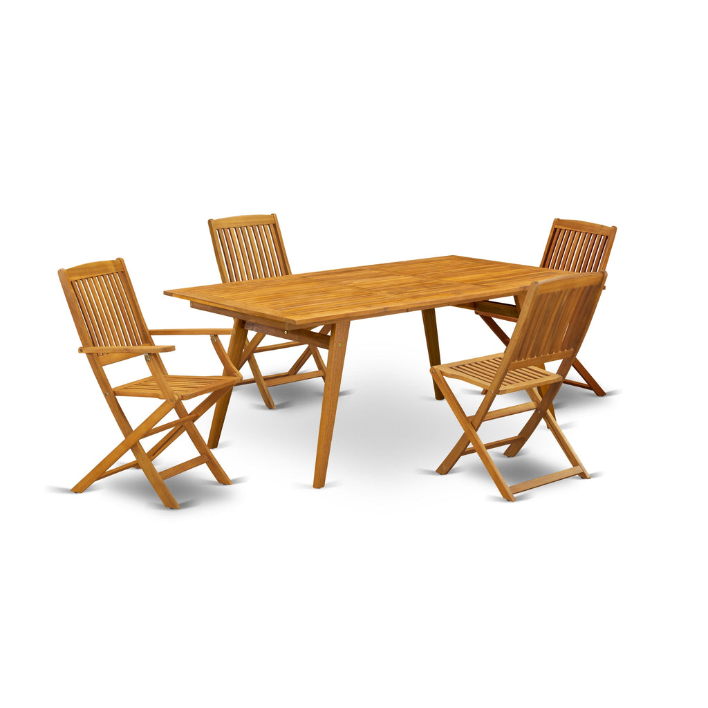 East West Furniture DECM52CANA 5 Piece Patio Bistro Dining Set Includes a Rectangle Outdoor Acacia Wood Table and 2 Folding Arm Chairs with 2 Side Chairs