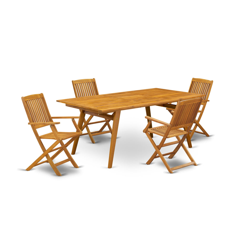 East West Furniture DECM5CANA 5 Piece Patio Dining Set Includes a Rectangle Outdoor Acacia Wood Table and 4 Folding Arm Chairs