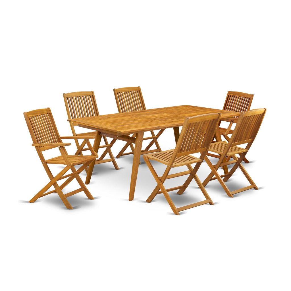 East West Furniture DECM72CANA 7 Piece Patio Dining Set Consist of a Rectangle Outdoor Acacia Wood Table and 2 Folding Arm Chairs with 4 Side Chairs
