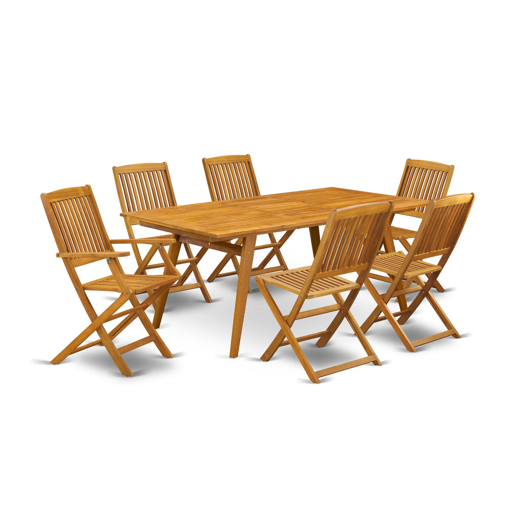 East West Furniture DECM7CWNA 7 Piece Patio Garden Table Set Consist of a Rectangle Outdoor Acacia Wood Dining Table and 6 Folding Side Chairs