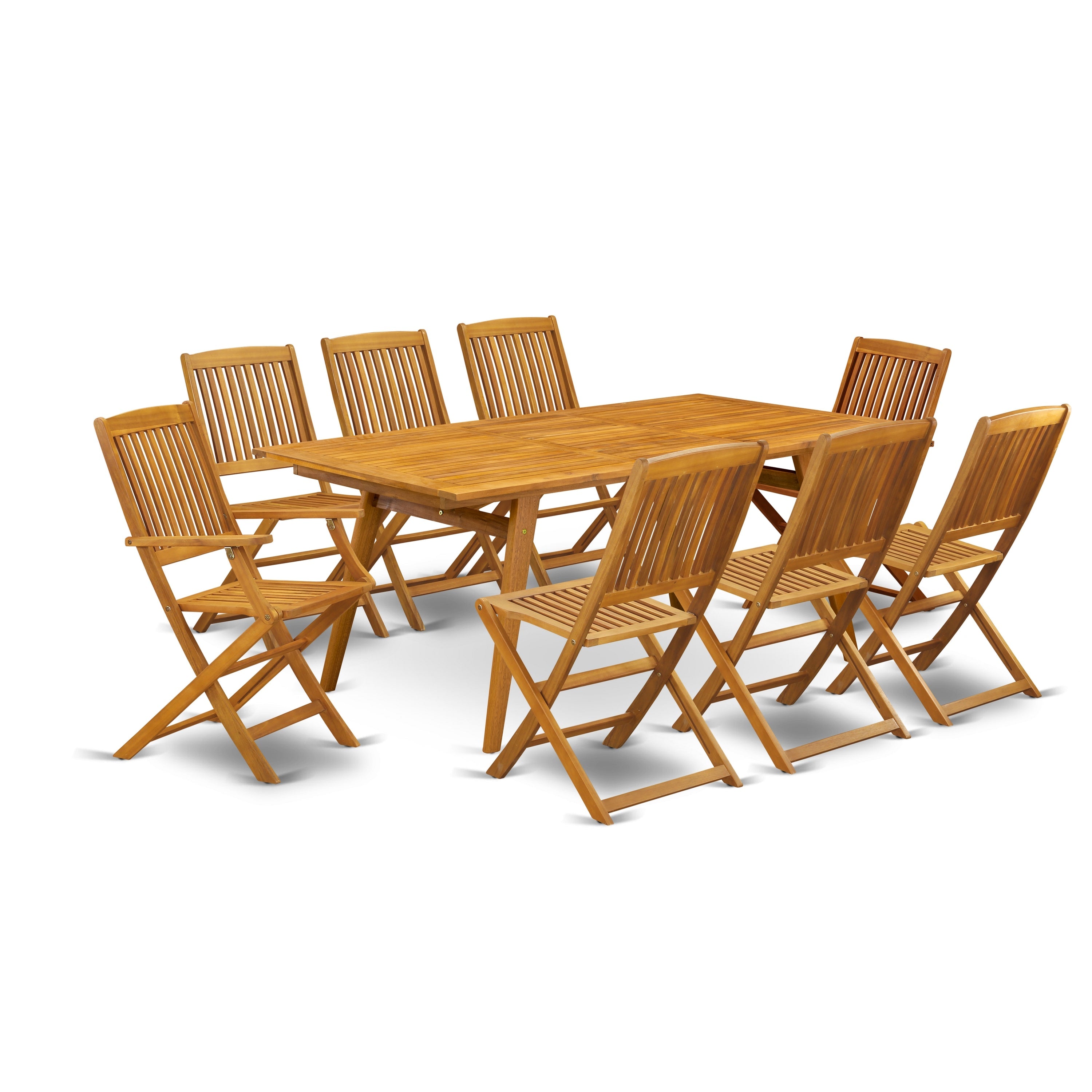 Juego de mesa de jardín para patio de 9 piezas DECM92CANA de East West Furniture. Incluye una mesa de comedor rectangular de madera de acacia para exteriores y 2 sillas plegables con 6 sillas laterales.