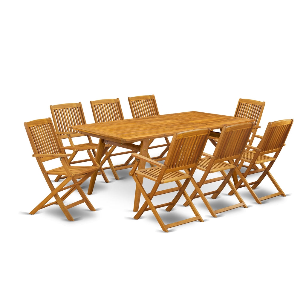 East West Furniture DECM9CANA 9 Piece Patio Bistro Dining Furniture Set Includes a Rectangle Outdoor Acacia Wood Table and 8 Folding Arm Chairs
