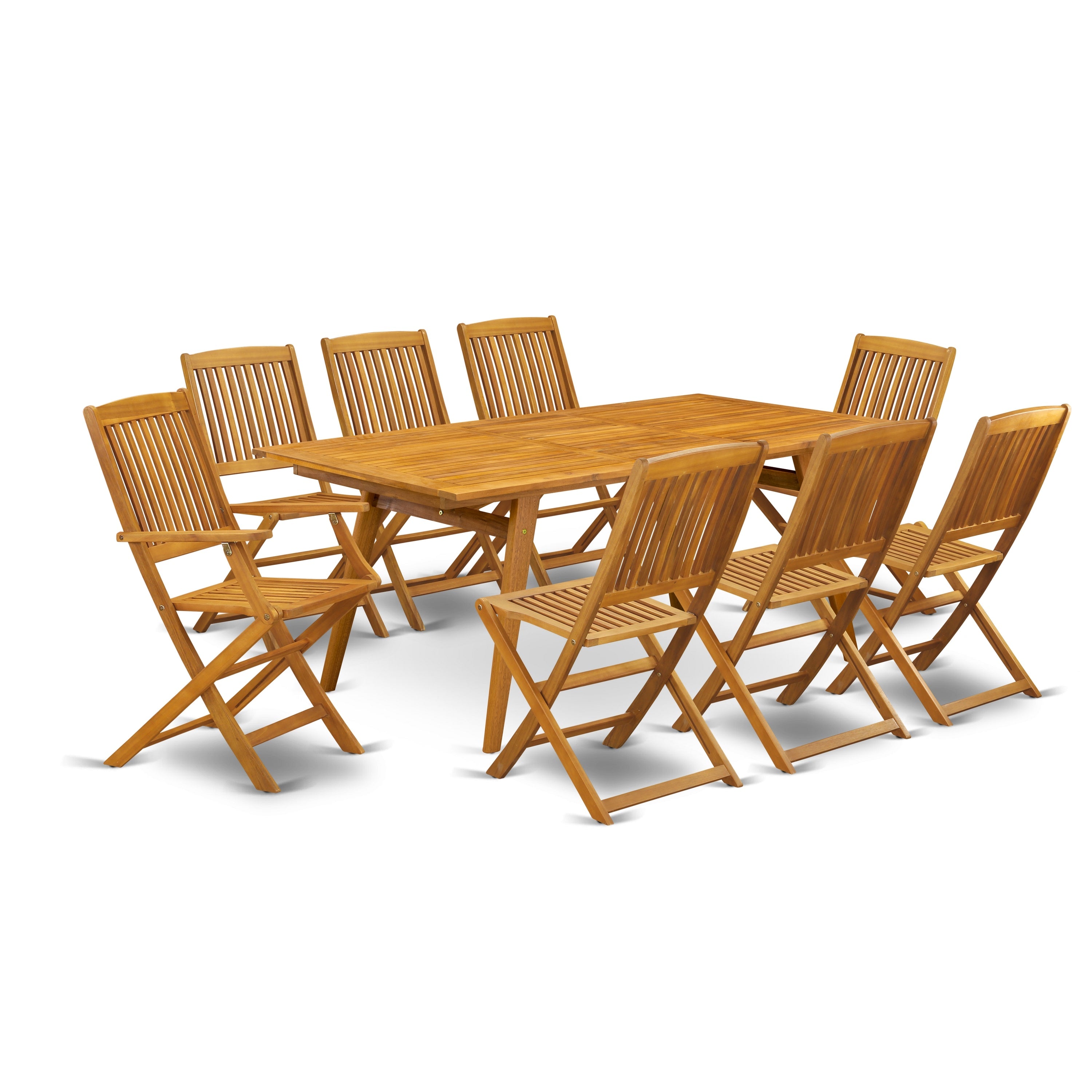Juego de comedor para patio de 9 piezas East West Furniture DECM9CWNA Incluye una mesa rectangular de madera de acacia para exteriores y 8 sillas laterales plegables