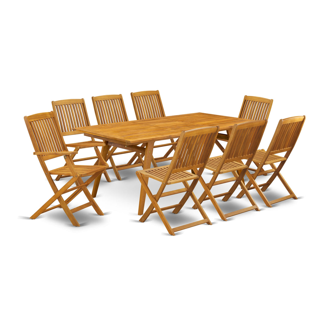 East West Furniture DECM9CWNA 9 Piece Patio Dining Set Includes a Rectangle Outdoor Acacia Wood Table and 8 Folding Side Chairs