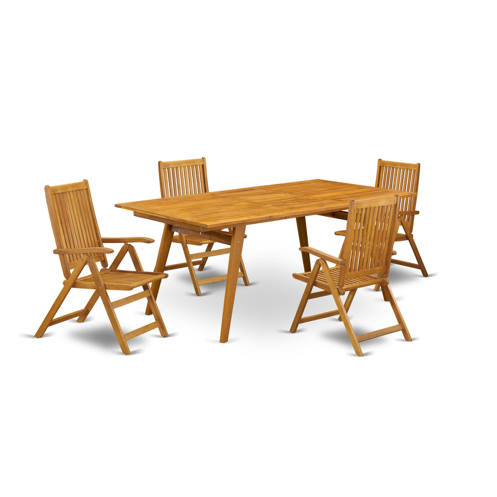 East West Furniture DECN5C5NA 5 Piece Outdoor Patio Dining Sets Includes a Rectangle Acacia Wood Table and 4 Folding Adjustable Arm Chairs