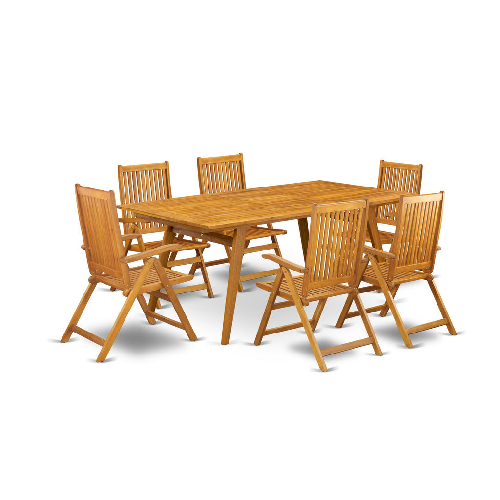 East West Furniture DECN7C5NA 7 Piece Patio Dining Set Consist of a Rectangle Outdoor Acacia Wood Table and 6 Folding Adjustable Arm Chairs