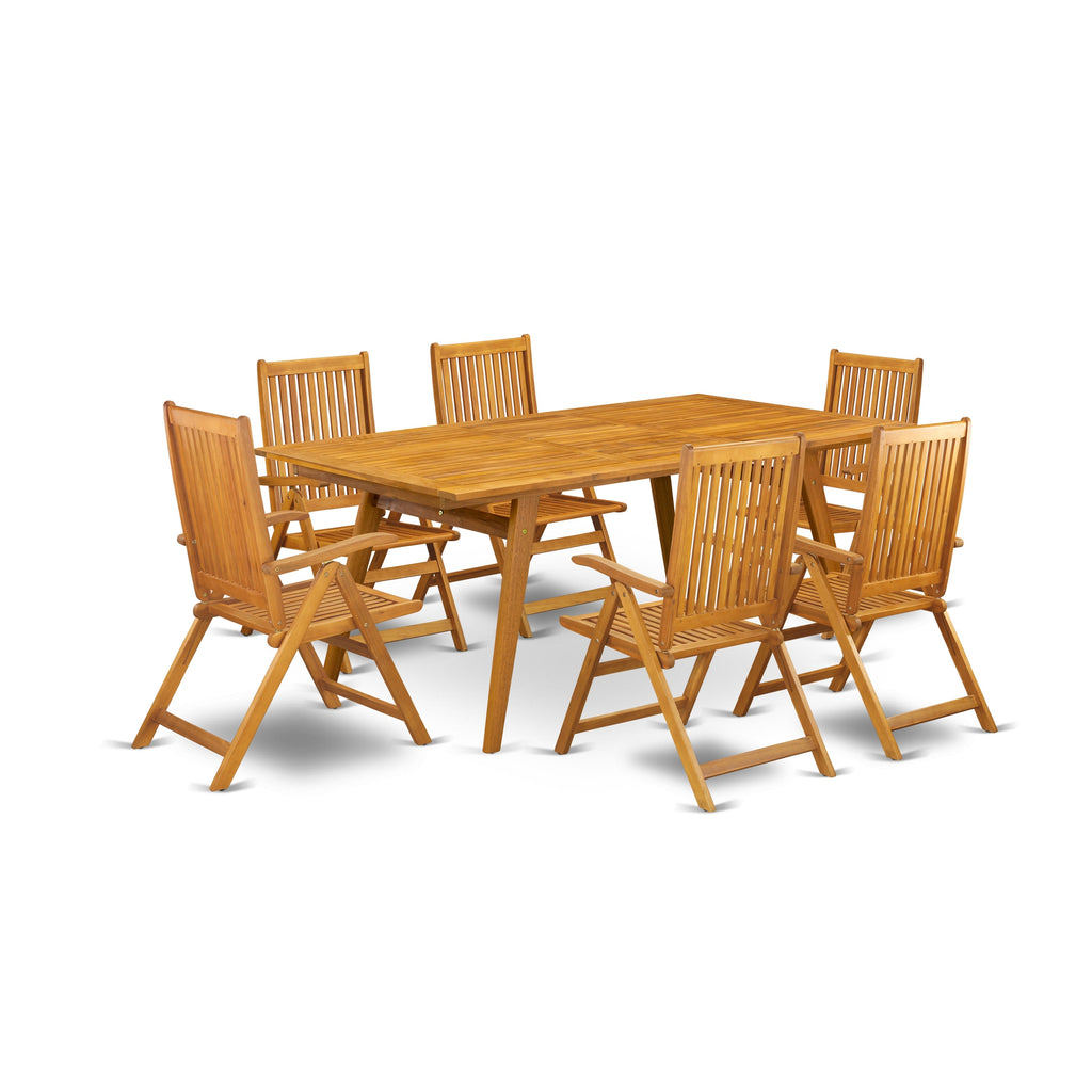 East West Furniture DECN7C5NA 7 Piece Patio Dining Set Consist of a Rectangle Outdoor Acacia Wood Table and 6 Folding Adjustable Arm Chairs, 40x72 Inch, Natural Oil