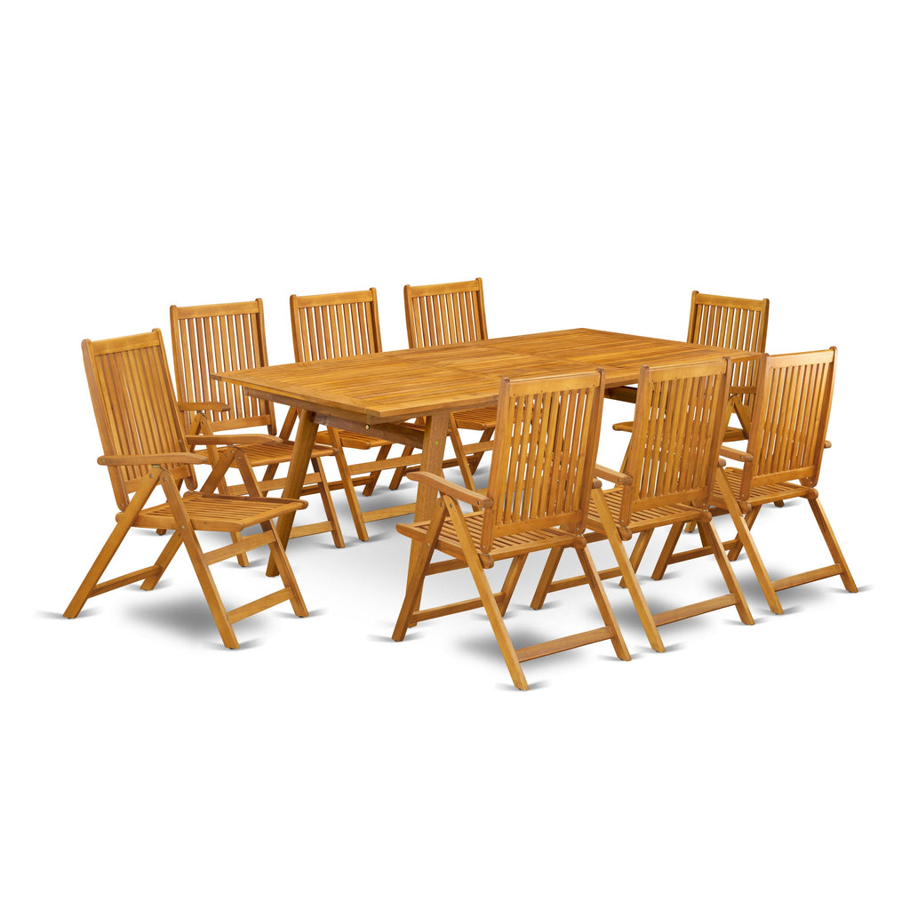 East West Furniture DECN9C5NA 9 Piece Outdoor Patio Dining Sets Includes a Rectangle Acacia Wood Table and 8 Folding Adjustable Arm Chairs